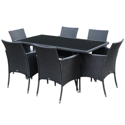 Outsunny 7 Pieces Patio Dining Set, Wicker Outdoor Furniture Set with Removable Cushions, Glass Top Dining Table, Rattan Patio Table and Chairs for Garden Poolside Backyard, Black