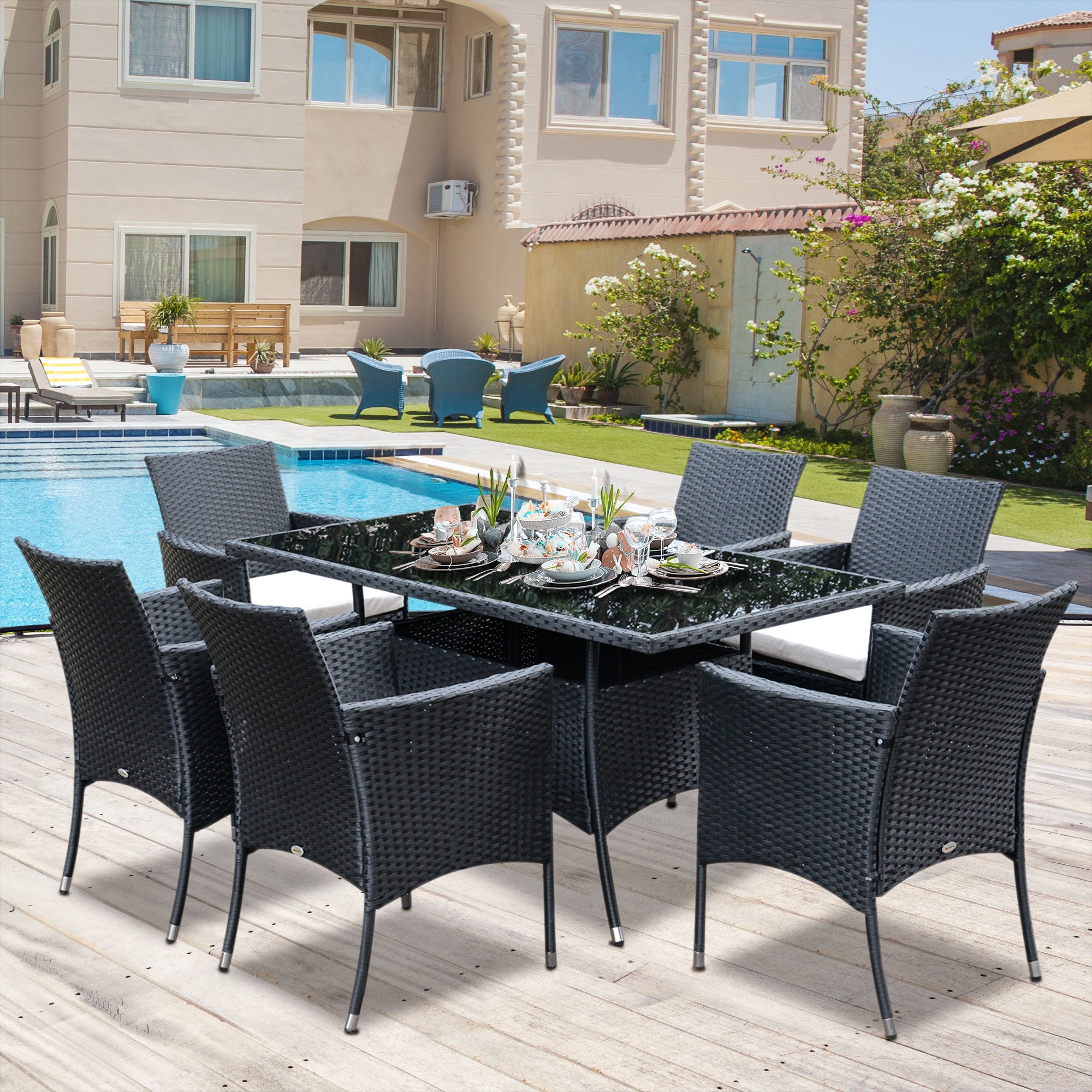 Outsunny 7 Pieces Patio Dining Set, Wicker Outdoor Furniture Set with Removable Cushions, Glass Top Dining Table, Rattan Patio Table and Chairs for Garden Poolside Backyard, Black
