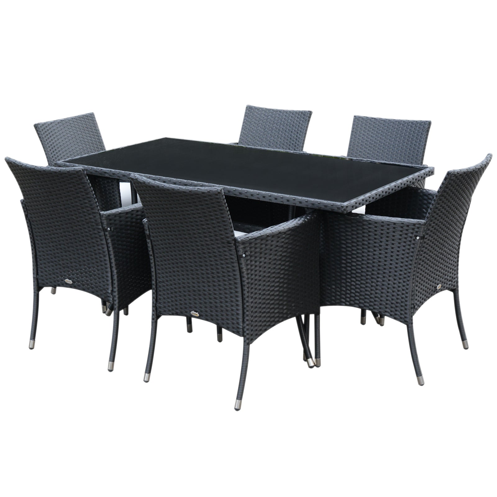 Outsunny 7 Pieces Patio Dining Set, Wicker Outdoor Furniture Set with Removable Cushions, Glass Top Dining Table, Rattan Patio Table and Chairs for Garden Poolside Backyard, Black