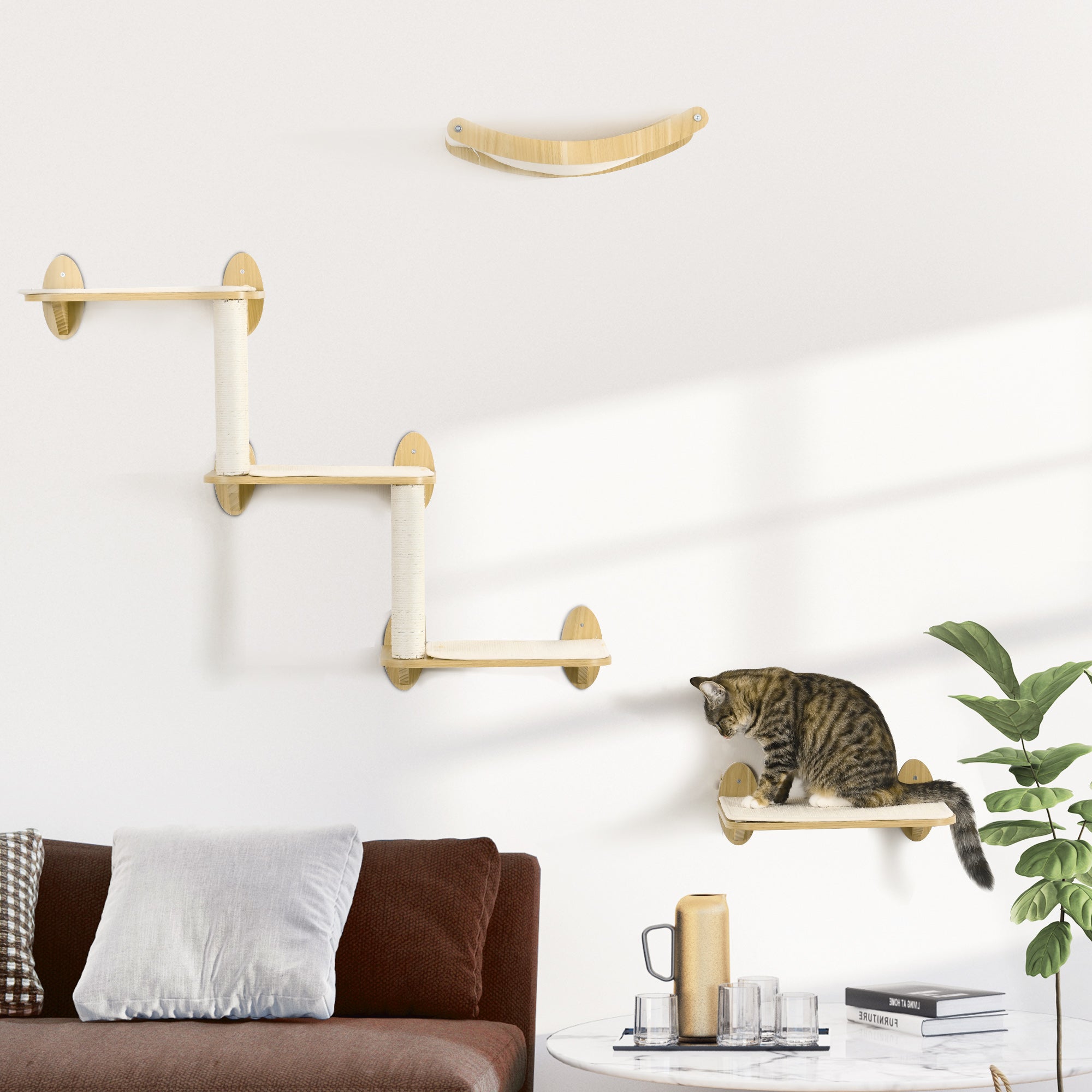 PawHut 3PCs Wall Mounted Cat Tree Cats Shelves, Climbing Shelf Set, Kitten Activity Center with Jumping Platforms Hammock Scratching Post, Oak