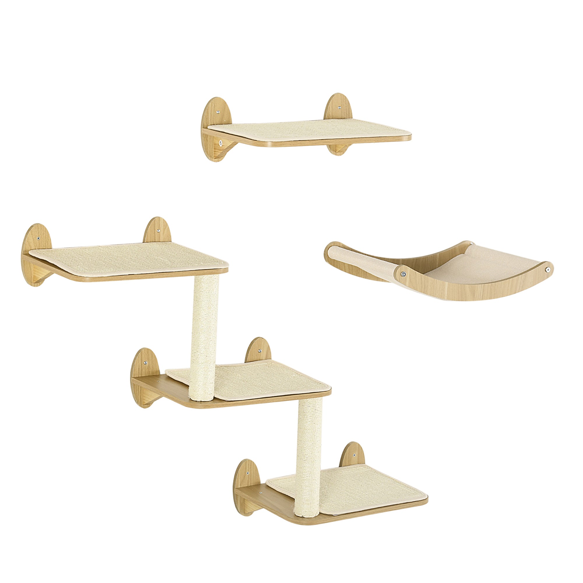 PawHut 3PCs Wall Mounted Cat Tree Cats Shelves, Climbing Shelf Set, Kitten Activity Center with Jumping Platforms Hammock Scratching Post, Oak