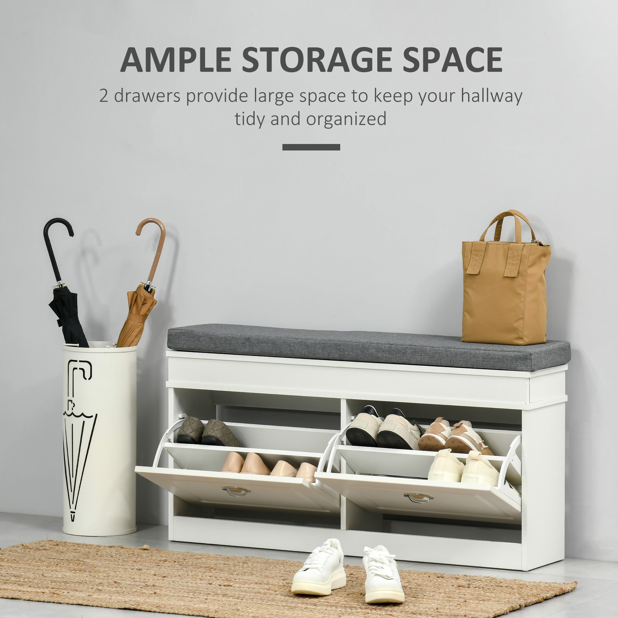 HOMCOM Shoe Bench, Shoe Storage Bench for Entryway, Entrance Bench with Cushion, 2 Flip Drawers and Adjustable Shelf for Hallway, Holds 8 Pairs, White