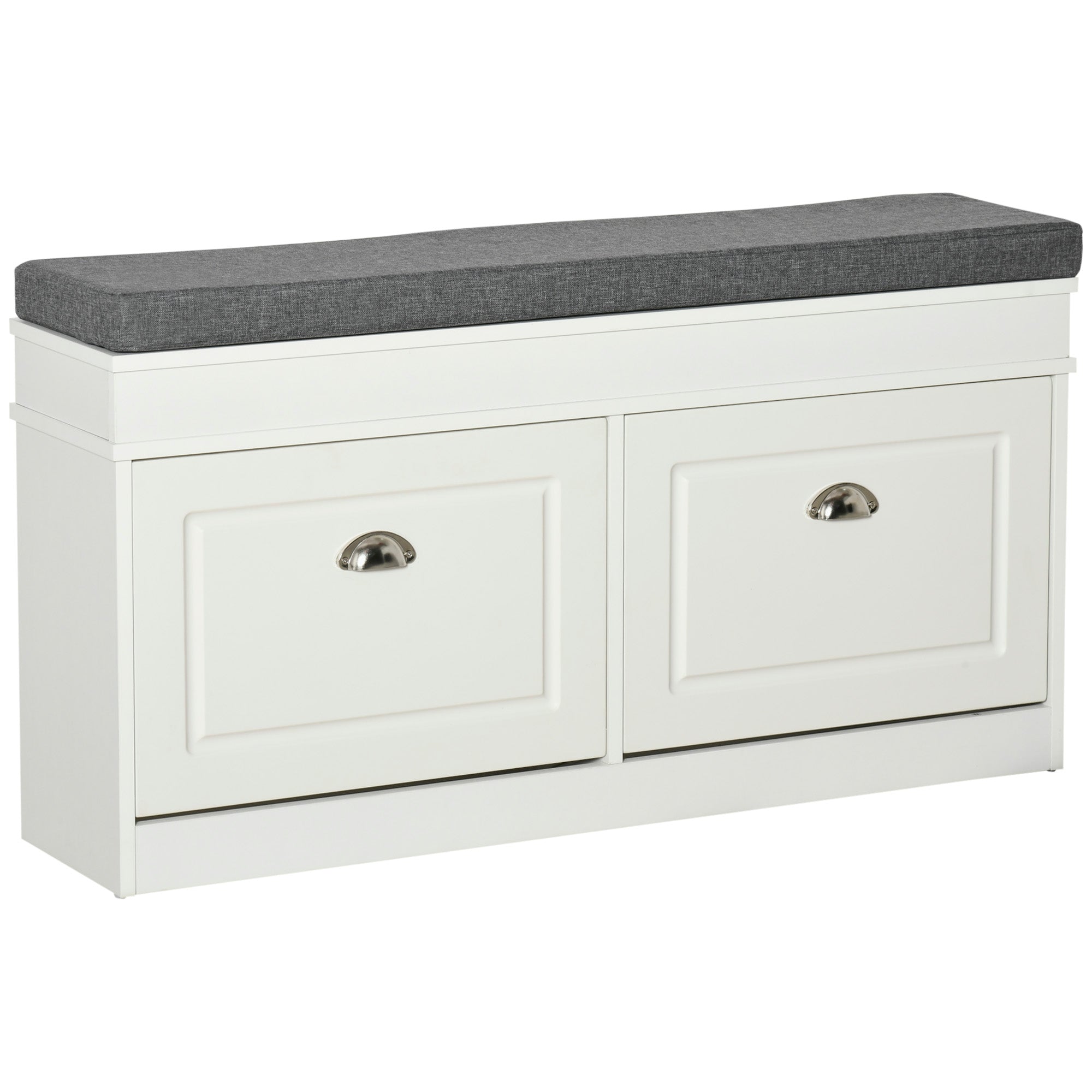 HOMCOM Shoe Bench, Shoe Storage Bench for Entryway, Entrance Bench with Cushion, 2 Flip Drawers and Adjustable Shelf for Hallway, Holds 8 Pairs, White