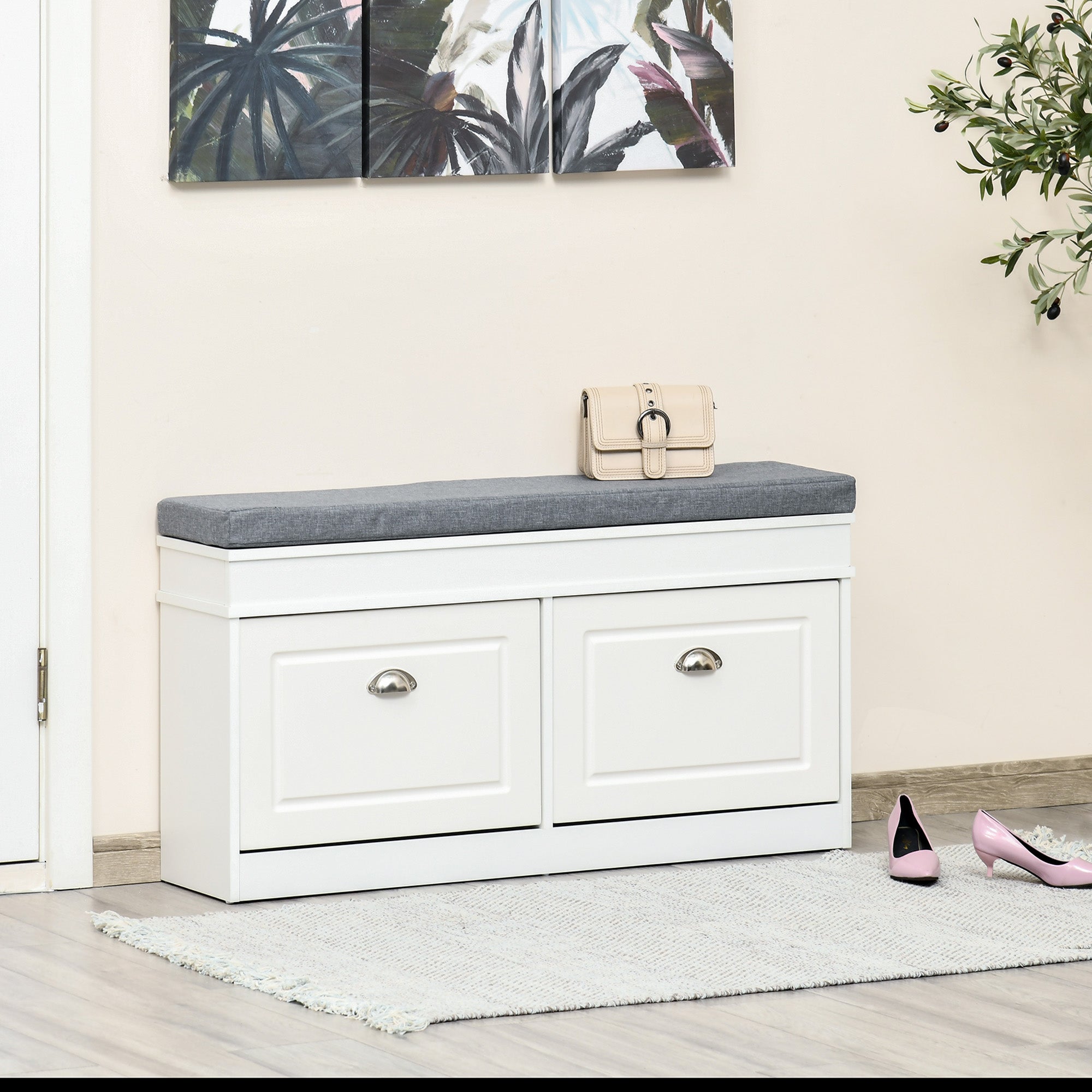 HOMCOM Shoe Bench, Shoe Storage Bench for Entryway, Entrance Bench with Cushion, 2 Flip Drawers and Adjustable Shelf for Hallway, Holds 8 Pairs, White