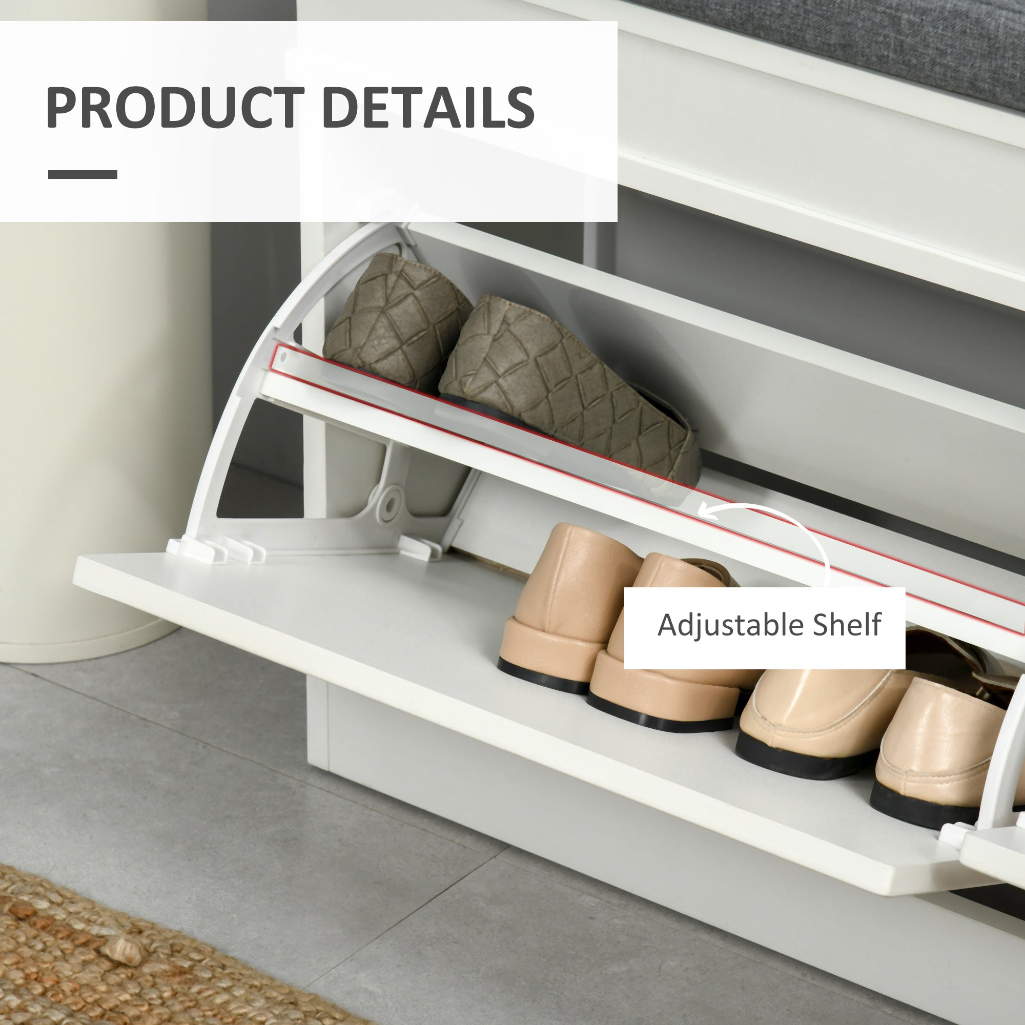 HOMCOM Shoe Bench, Shoe Storage Bench for Entryway, Entrance Bench with Cushion, 2 Flip Drawers and Adjustable Shelf for Hallway, Holds 8 Pairs, White