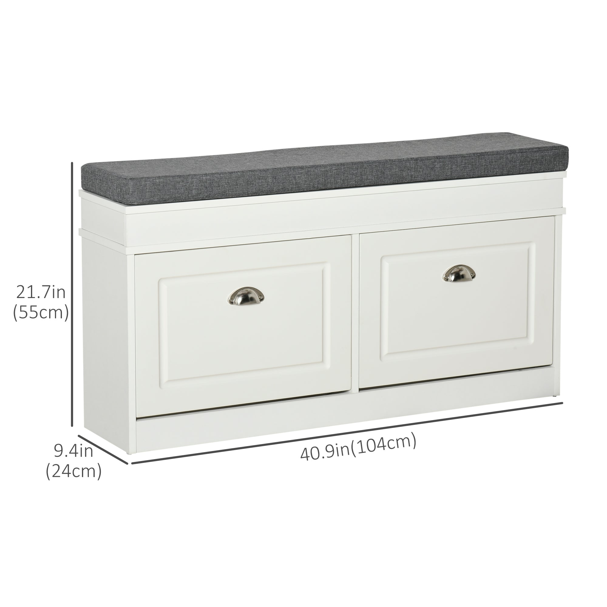 HOMCOM Shoe Bench, Shoe Storage Bench for Entryway, Entrance Bench with Cushion, 2 Flip Drawers and Adjustable Shelf for Hallway, Holds 8 Pairs, White
