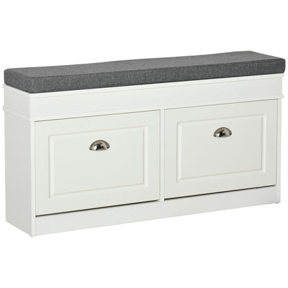 HOMCOM Shoe Bench, Shoe Storage Bench for Entryway, Entrance Bench with Cushion, 2 Flip Drawers and Adjustable Shelf for Hallway, Holds 8 Pairs, White