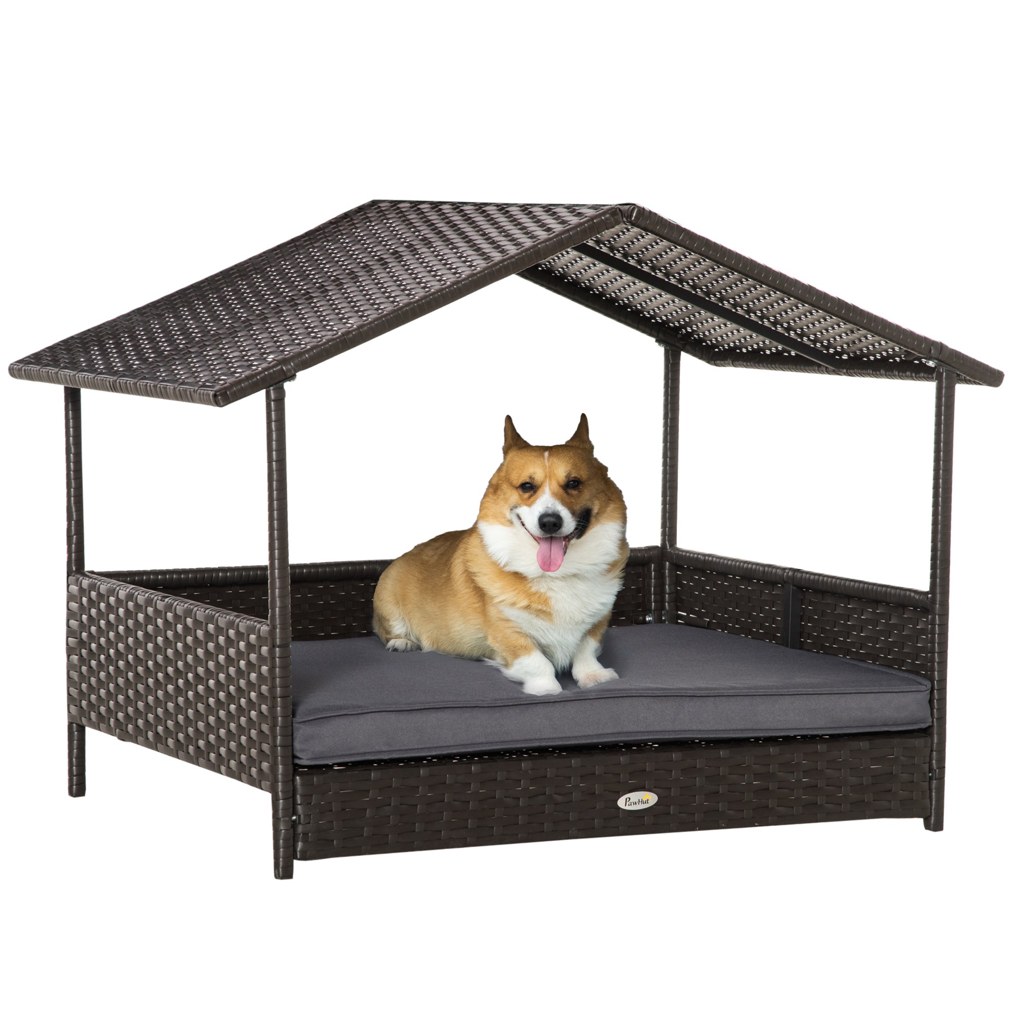 PawHut Elevated Rattan Dog House Outdoor with Canopy, Wicker Dog Bed with Water-Resistant Cushion, for Small and Medium Dogs Grey