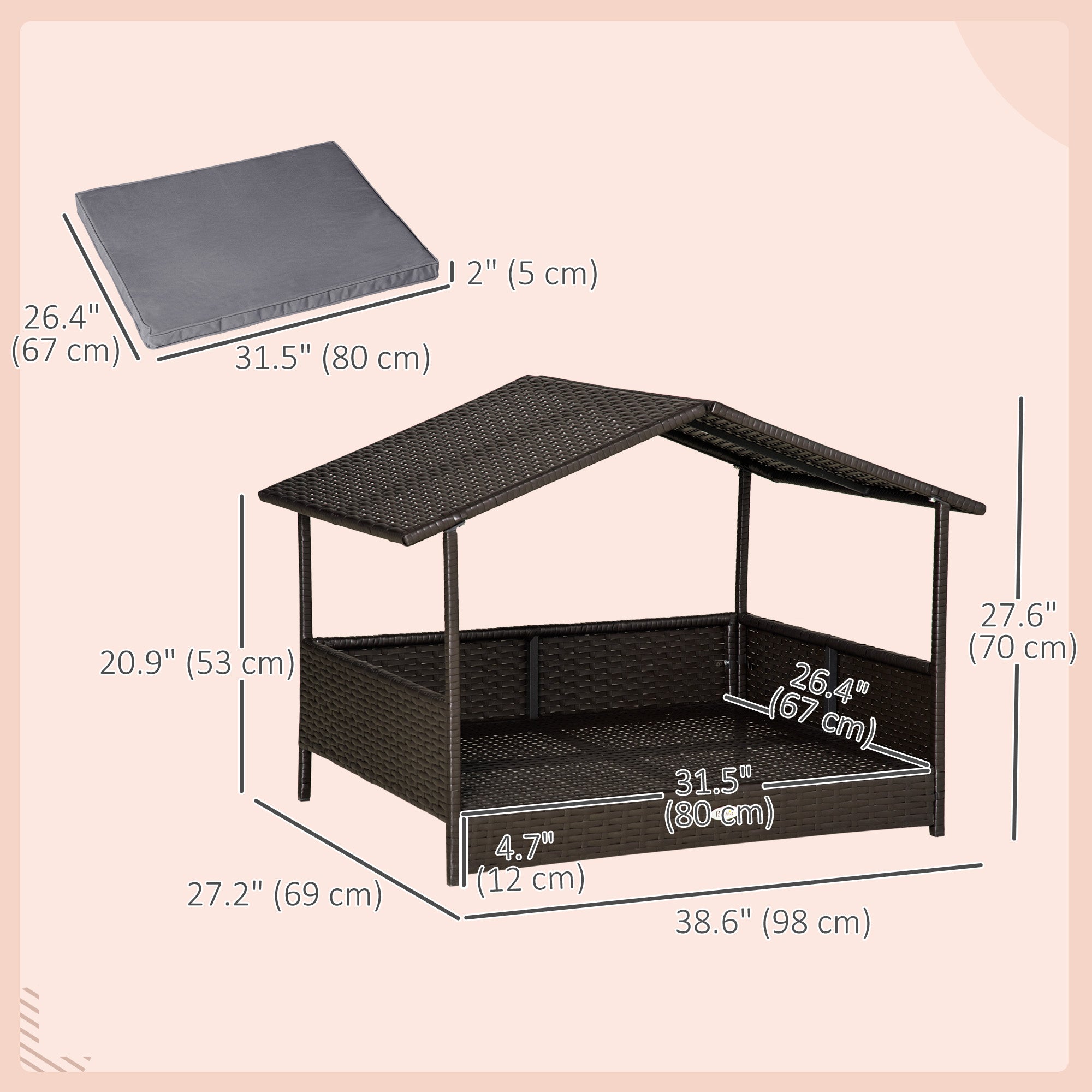 PawHut Elevated Rattan Dog House Outdoor with Canopy, Wicker Dog Bed with Water-Resistant Cushion, for Small and Medium Dogs Grey