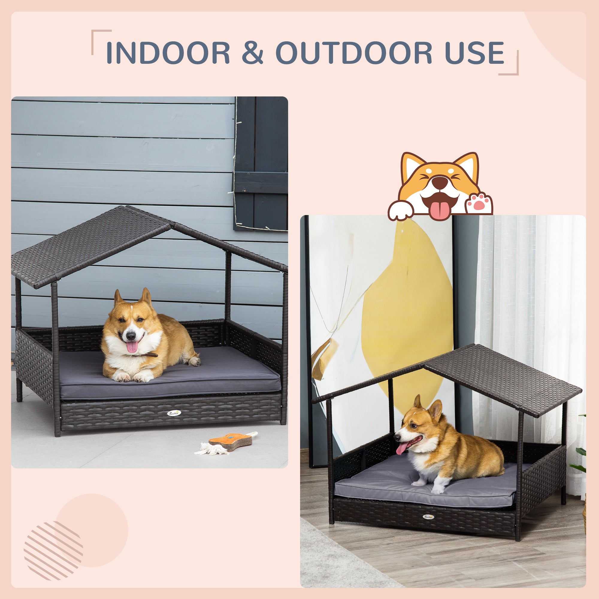 PawHut Elevated Rattan Dog House Outdoor with Canopy, Wicker Dog Bed with Water-Resistant Cushion, for Small and Medium Dogs Grey