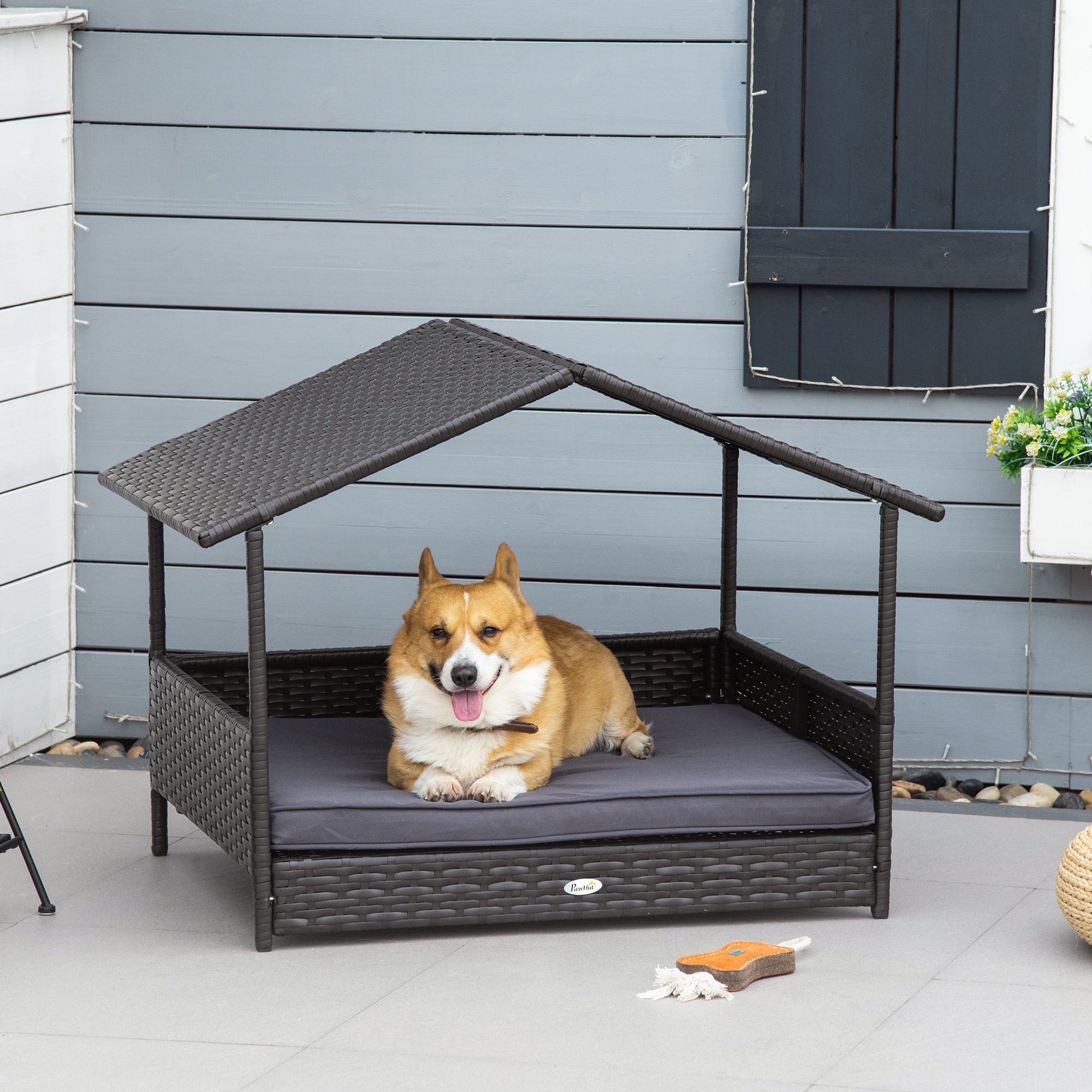PawHut Elevated Rattan Dog House Outdoor with Canopy, Wicker Dog Bed with Water-Resistant Cushion, for Small and Medium Dogs Grey