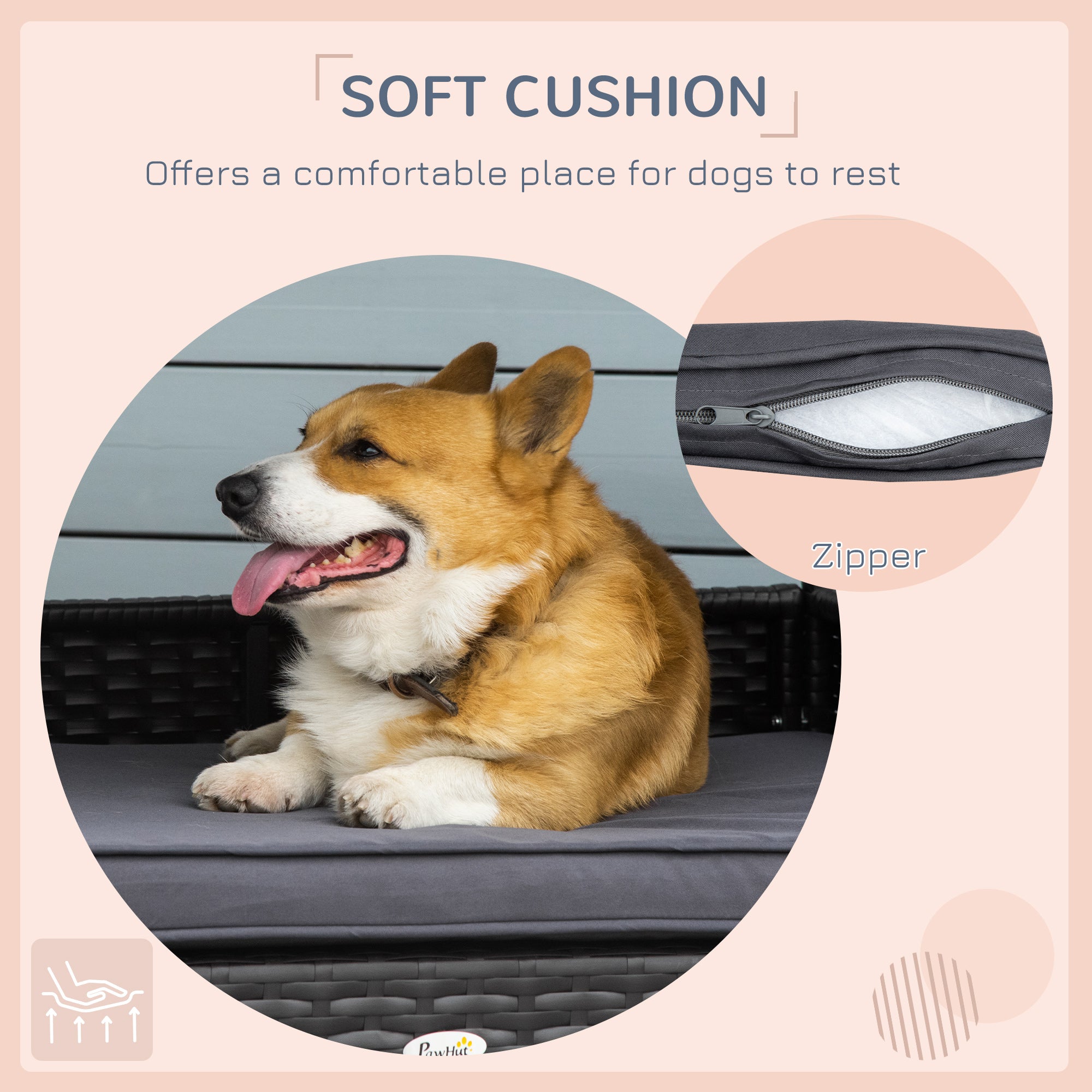 PawHut Elevated Rattan Dog House Outdoor with Canopy, Wicker Dog Bed with Water-Resistant Cushion, for Small and Medium Dogs Grey