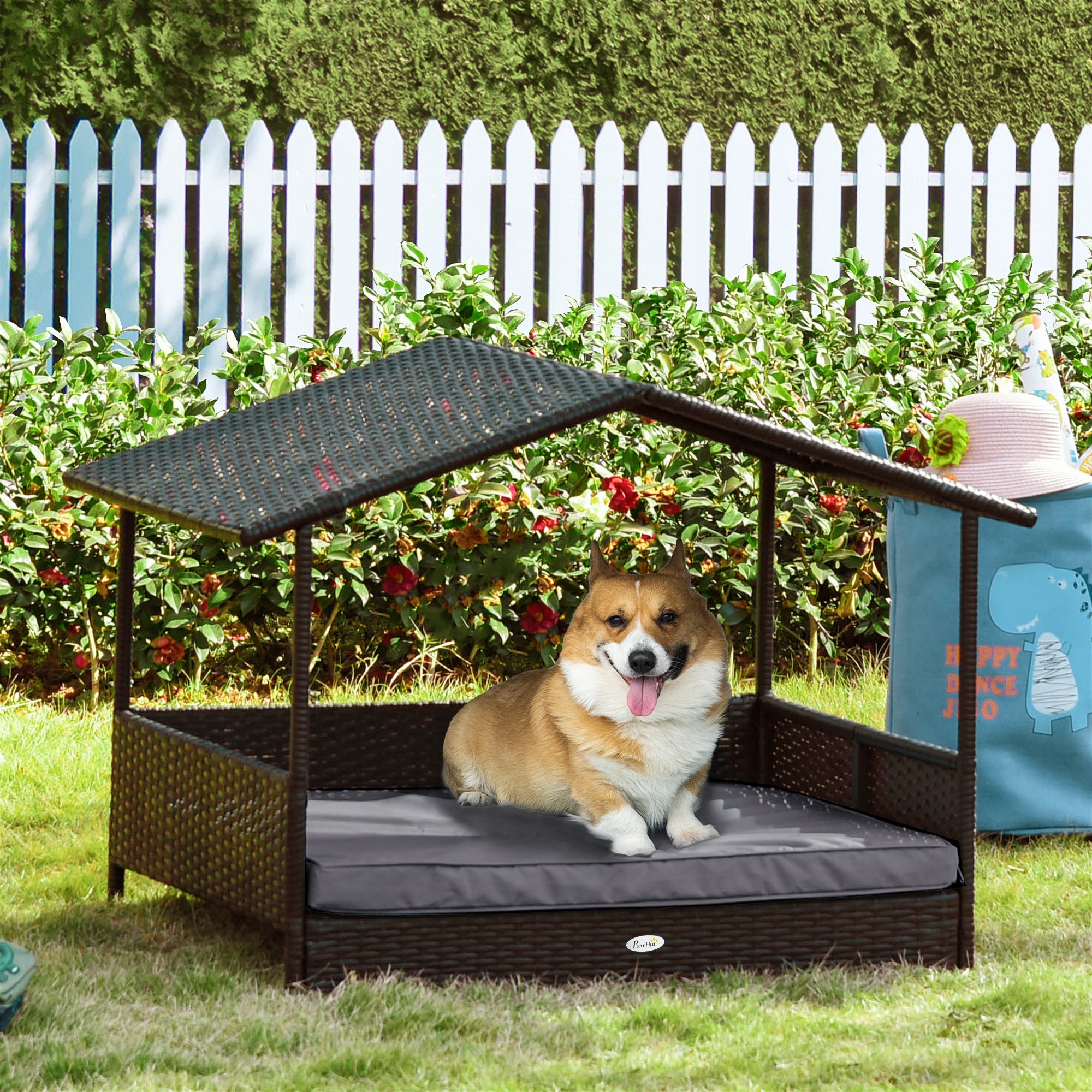PawHut Elevated Rattan Dog House Outdoor with Canopy, Wicker Dog Bed with Water-Resistant Cushion, for Small and Medium Dogs Grey