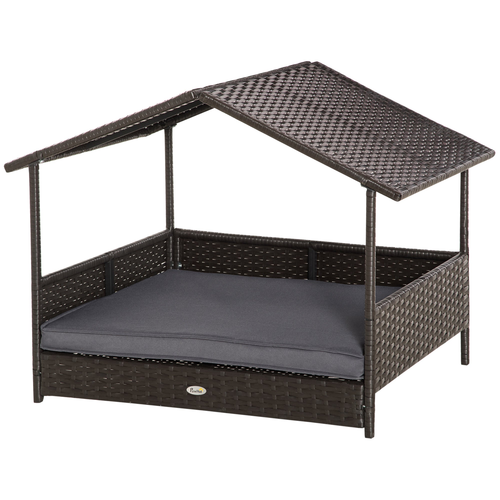 PawHut Elevated Rattan Dog House Outdoor with Canopy, Wicker Dog Bed with Water-Resistant Cushion, for Small and Medium Dogs Grey