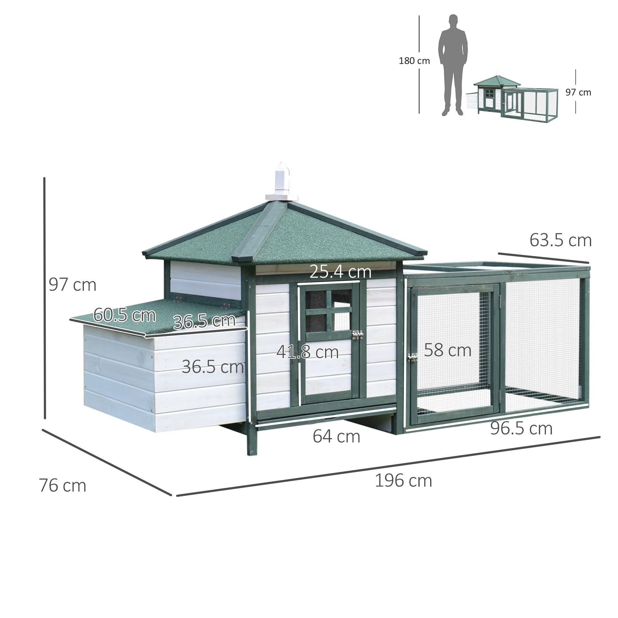 PawHut Chicken Coop with Chicken Run, Outdoor Hen House Poultry Cage with Nesting Box, Openable Top, 196 x 76 x 97cm, Green