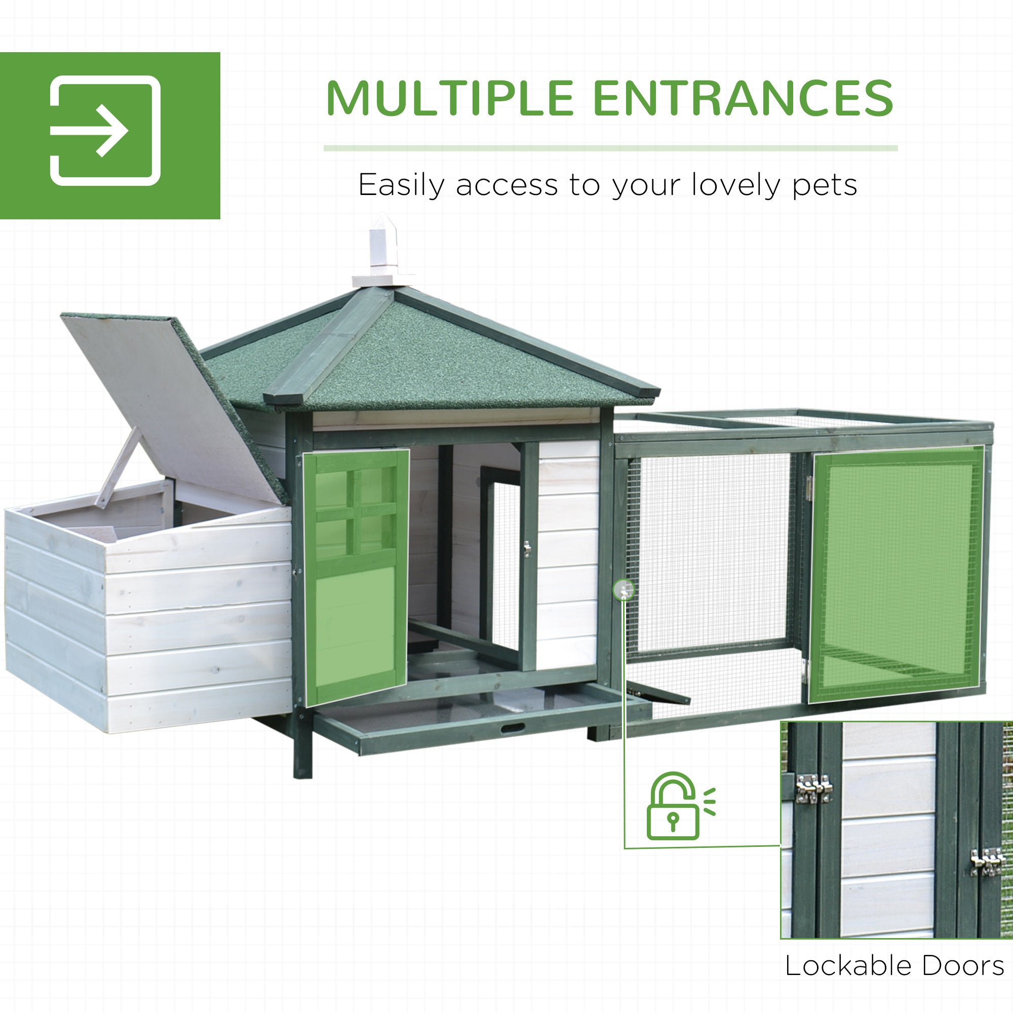 PawHut Chicken Coop with Chicken Run, Outdoor Hen House Poultry Cage with Nesting Box, Openable Top, 196 x 76 x 97cm, Green