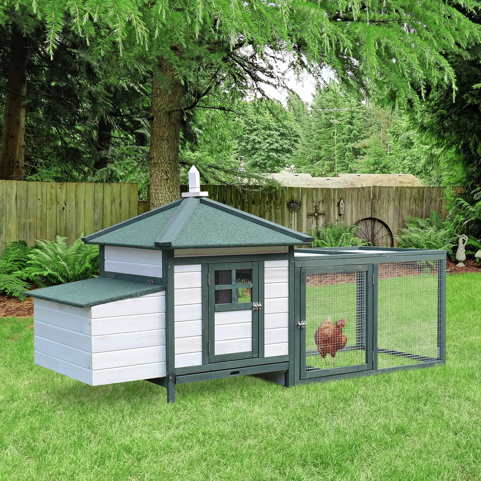 PawHut Chicken Coop with Chicken Run, Outdoor Hen House Poultry Cage with Nesting Box, Openable Top, 196 x 76 x 97cm, Green