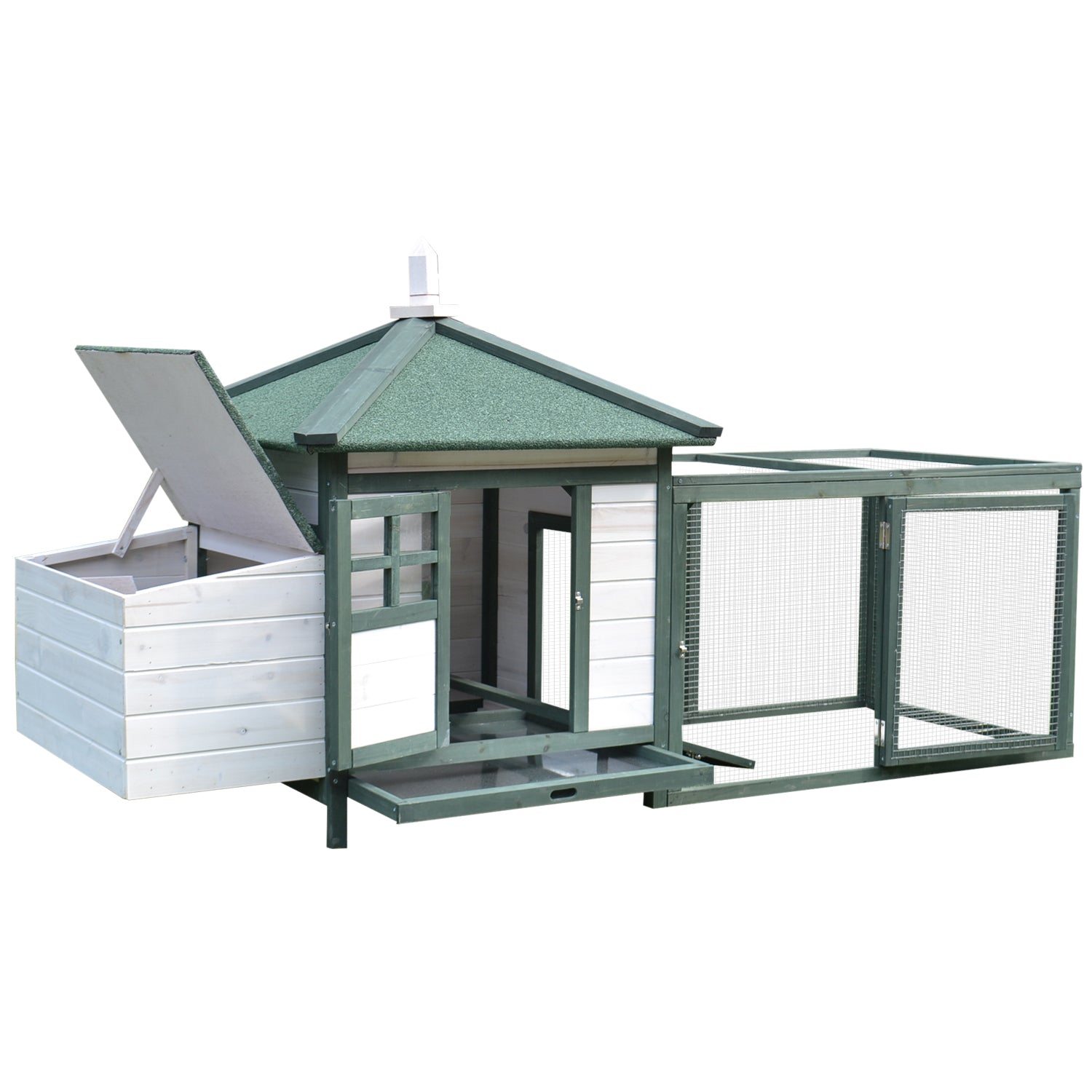 PawHut Chicken Coop with Chicken Run, Outdoor Hen House Poultry Cage with Nesting Box, Openable Top, 196 x 76 x 97cm, Green