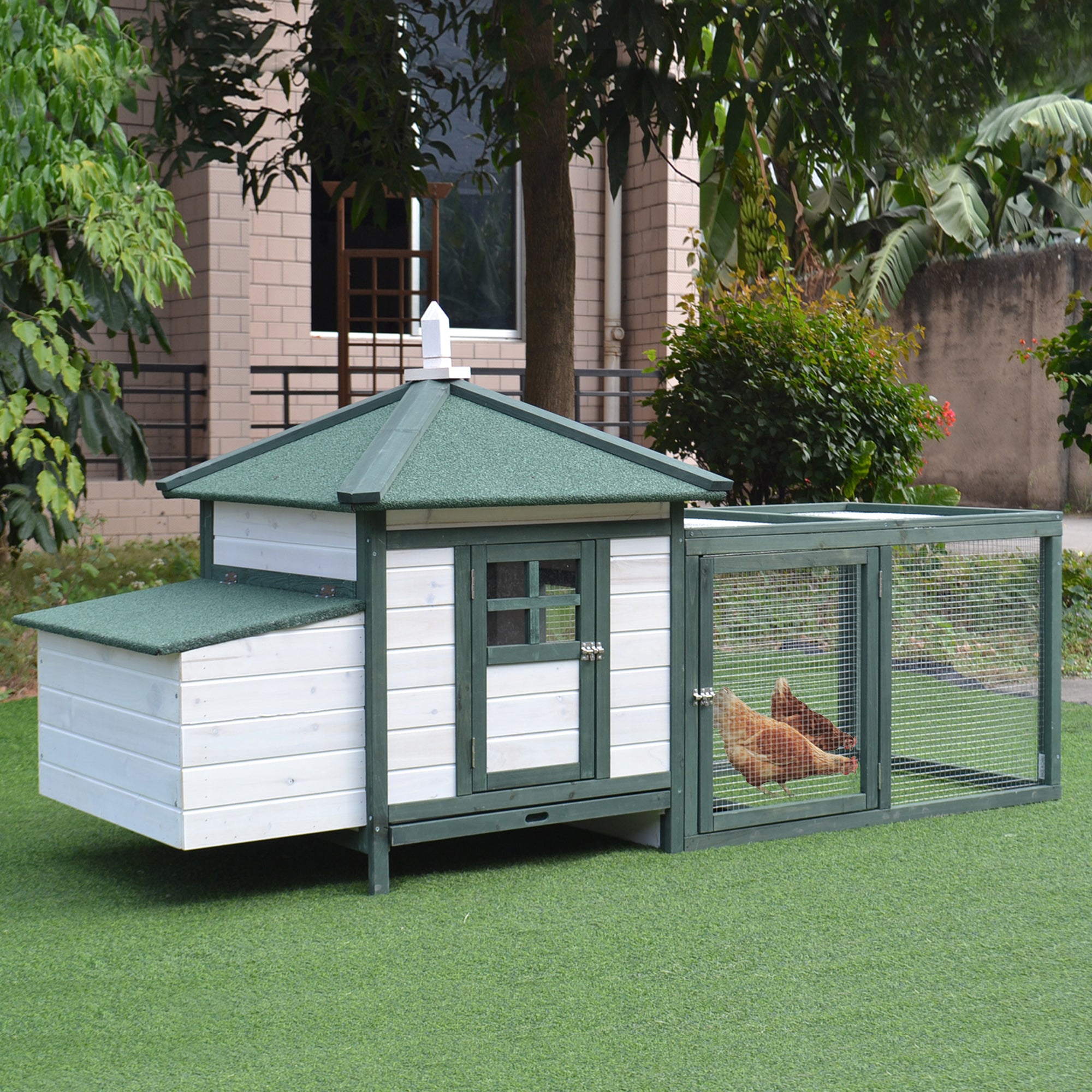 PawHut Chicken Coop with Chicken Run, Outdoor Hen House Poultry Cage with Nesting Box, Openable Top, 196 x 76 x 97cm, Green