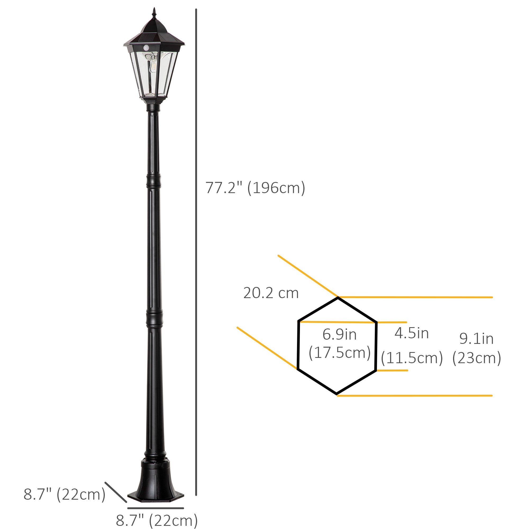 Outsunny 77" Solar Lamp Post Light, Aluminum Outdoor Street Lamp Garden Light, Motion Activated Sensor PIR, Adjustable Brightness for Lawn, Pathway, Driveway, Black