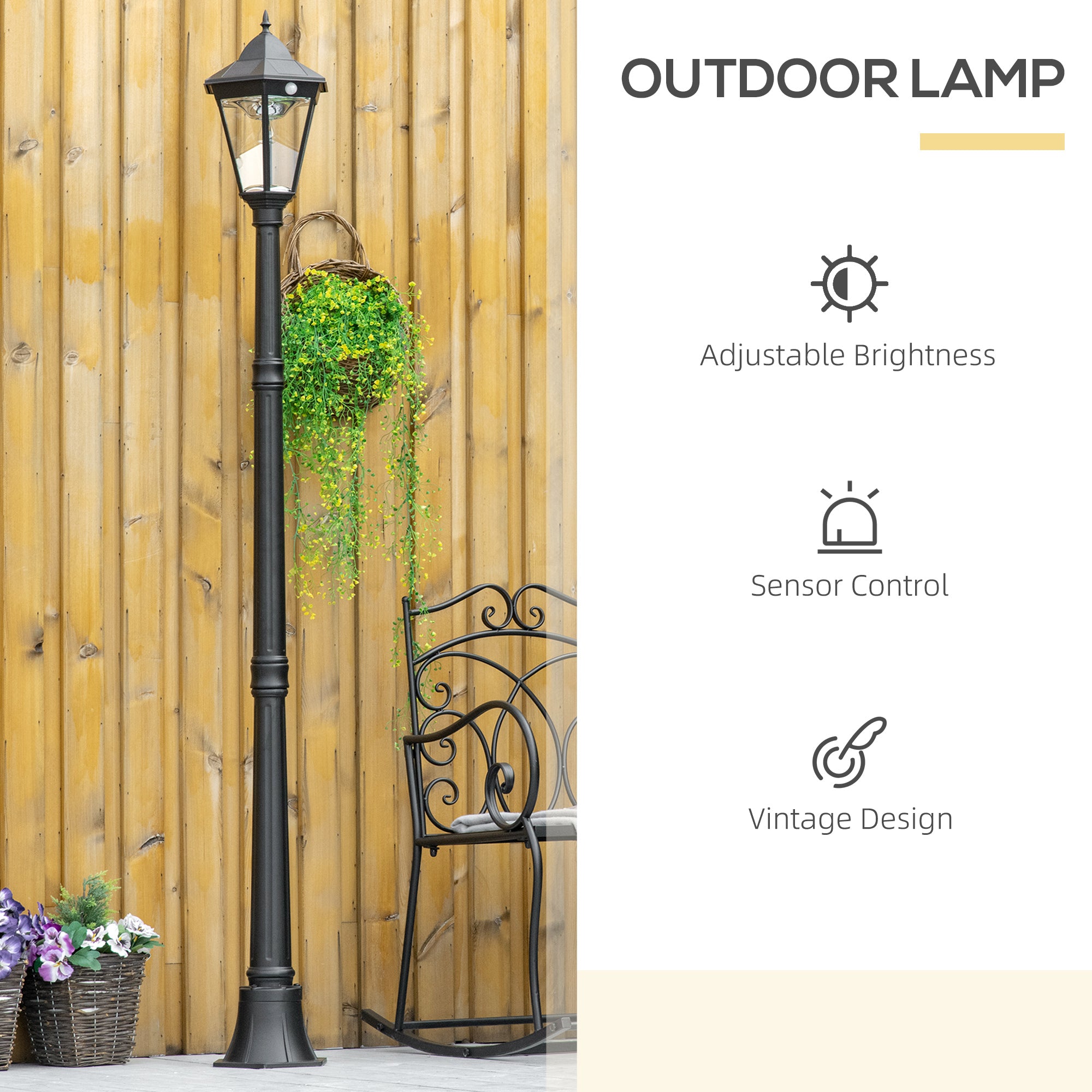 Outsunny 77" Solar Lamp Post Light, Aluminum Outdoor Street Lamp Garden Light, Motion Activated Sensor PIR, Adjustable Brightness for Lawn, Pathway, Driveway, Black