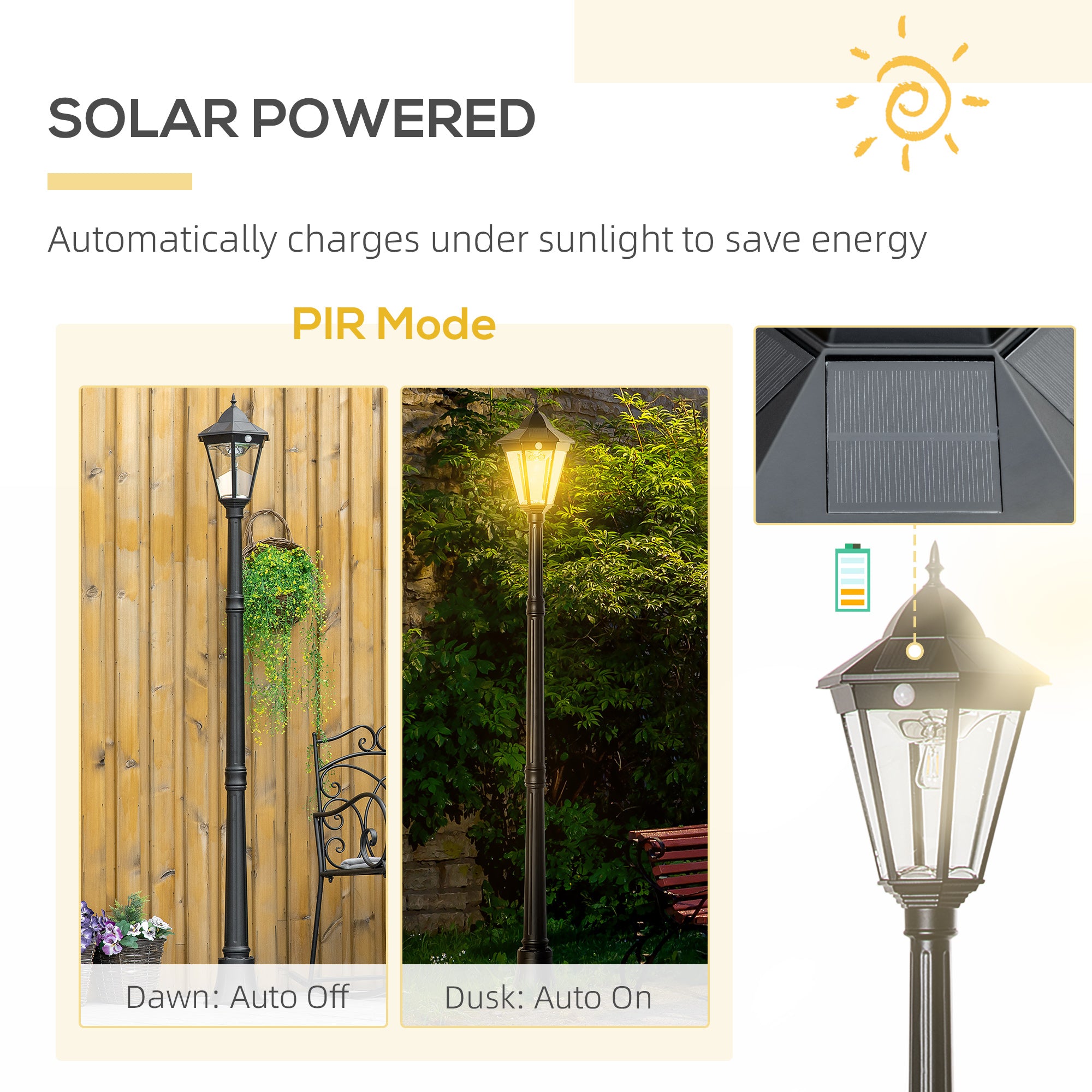 Outsunny 77" Solar Lamp Post Light, Aluminum Outdoor Street Lamp Garden Light, Motion Activated Sensor PIR, Adjustable Brightness for Lawn, Pathway, Driveway, Black