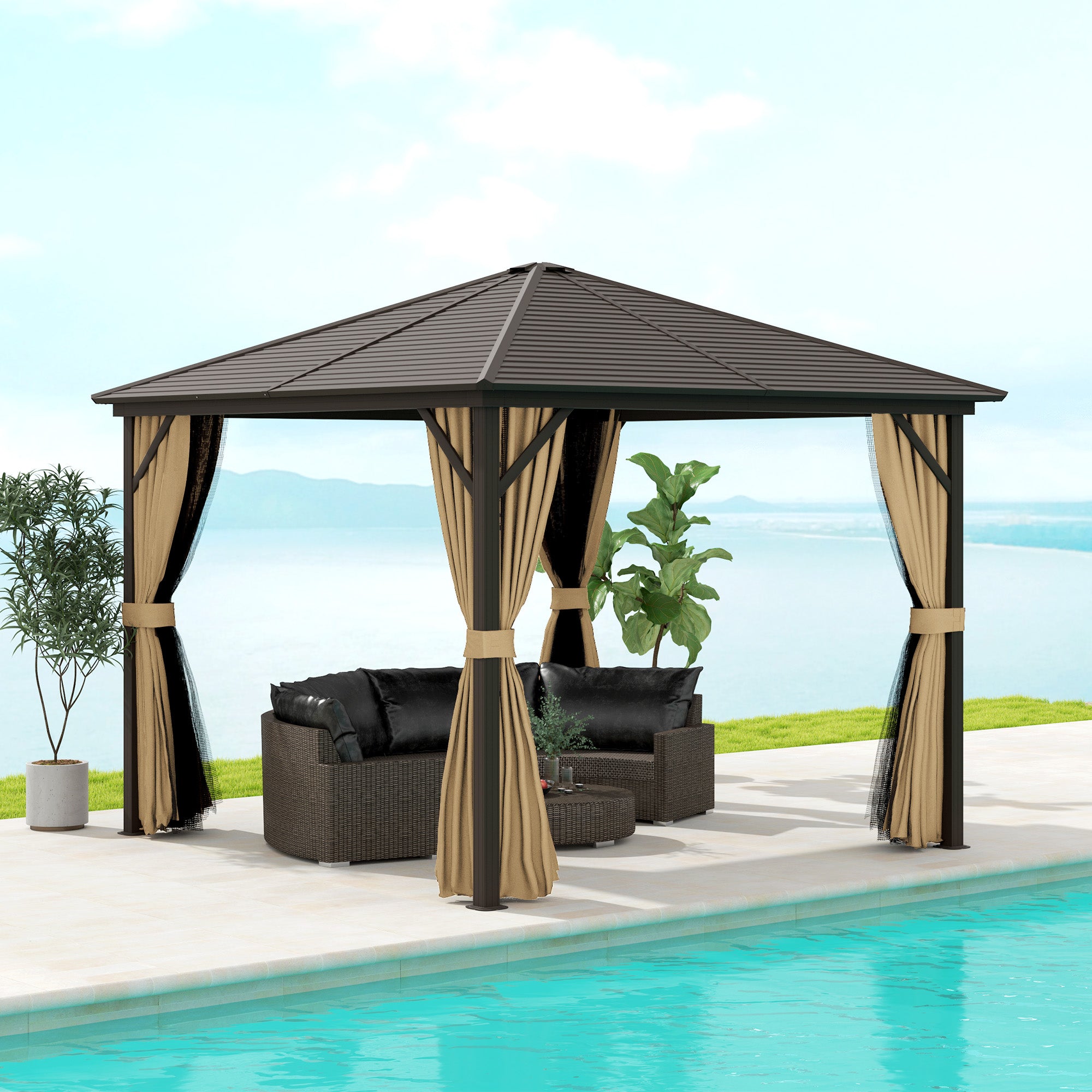 Outsunny 10' x 10' Hardtop Gazebo Outdoor Gazebo Canopy with Mosquito Netting, Curtains, Hanging Hook and Aluminum Frame, Brown