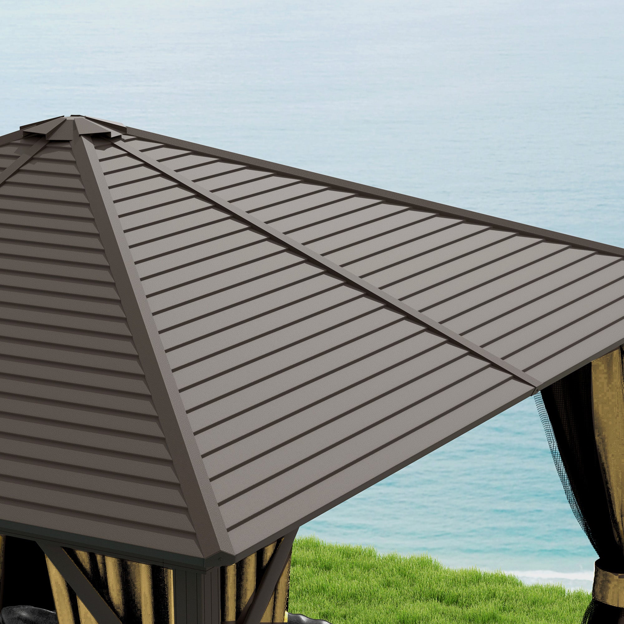 Outsunny 10' x 10' Hardtop Gazebo Outdoor Gazebo Canopy with Mosquito Netting, Curtains, Hanging Hook and Aluminum Frame, Brown