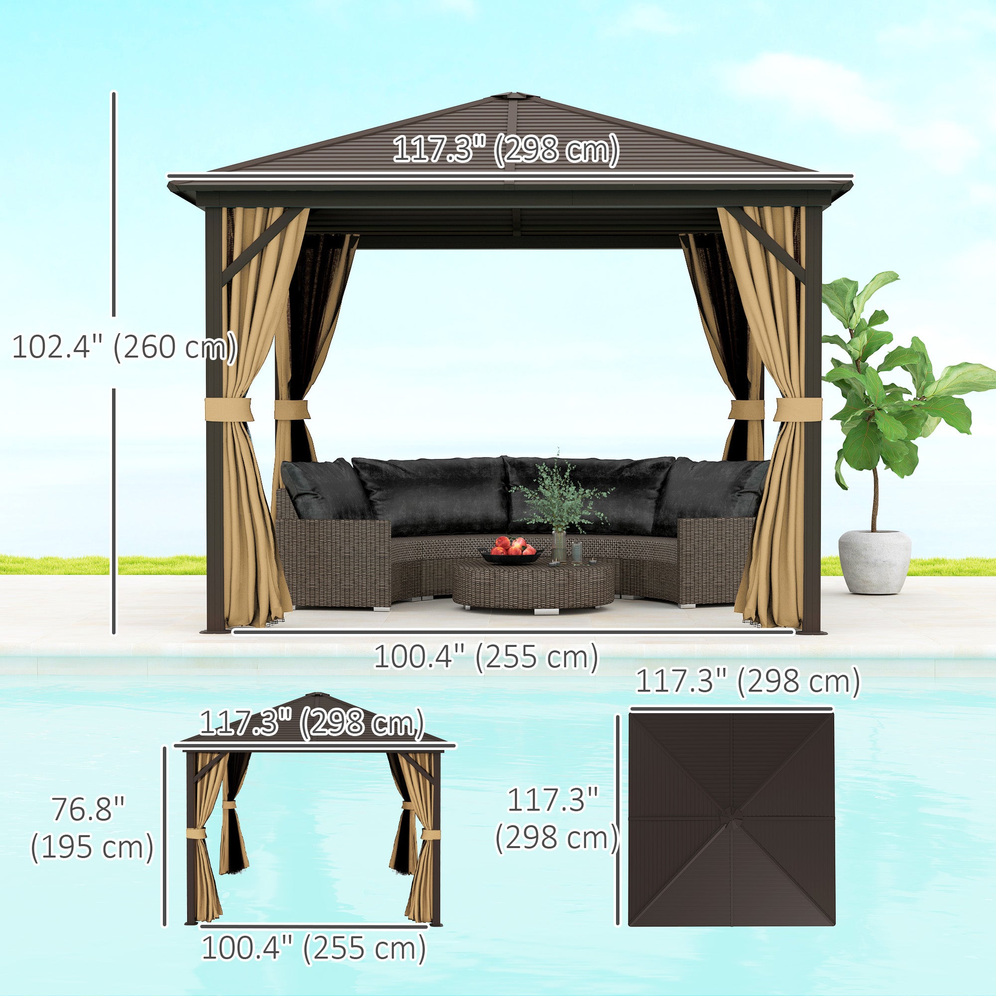 Outsunny 10' x 10' Hardtop Gazebo Outdoor Gazebo Canopy with Mosquito Netting, Curtains, Hanging Hook and Aluminum Frame, Brown