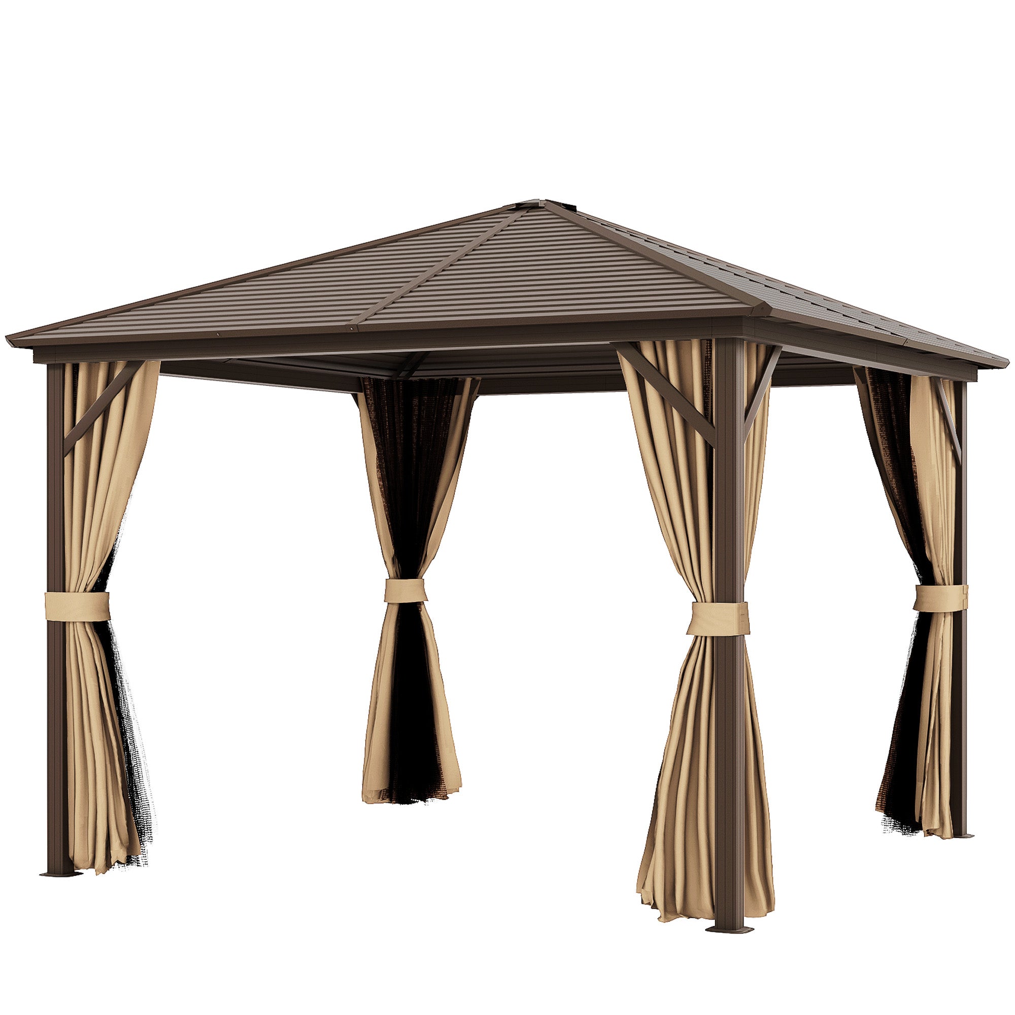 Outsunny 10' x 10' Hardtop Gazebo Outdoor Gazebo Canopy with Mosquito Netting, Curtains, Hanging Hook and Aluminum Frame, Brown