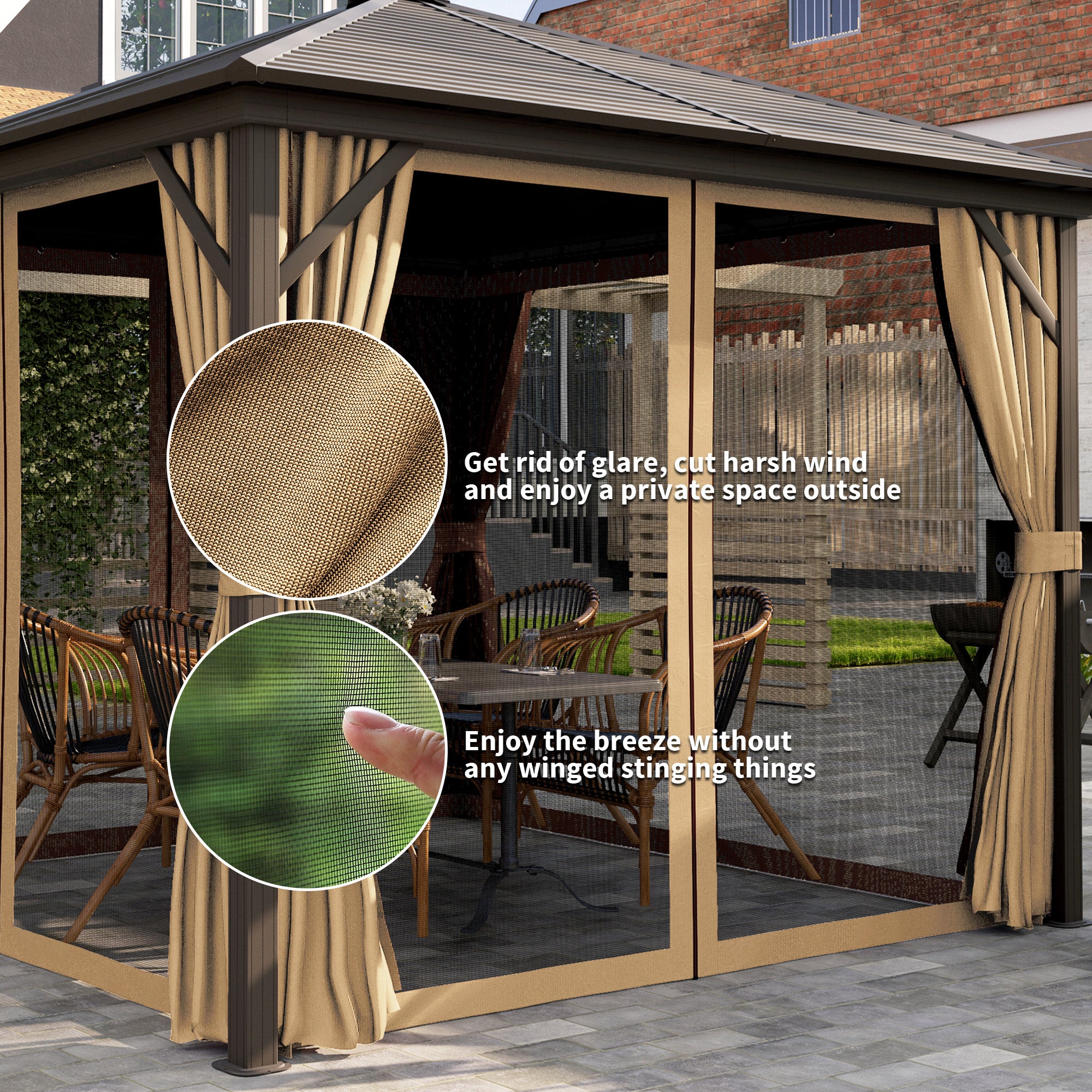 Outsunny 10' x 10' Hardtop Gazebo Outdoor Gazebo Canopy with Mosquito Netting, Curtains, Hanging Hook and Aluminum Frame, Brown