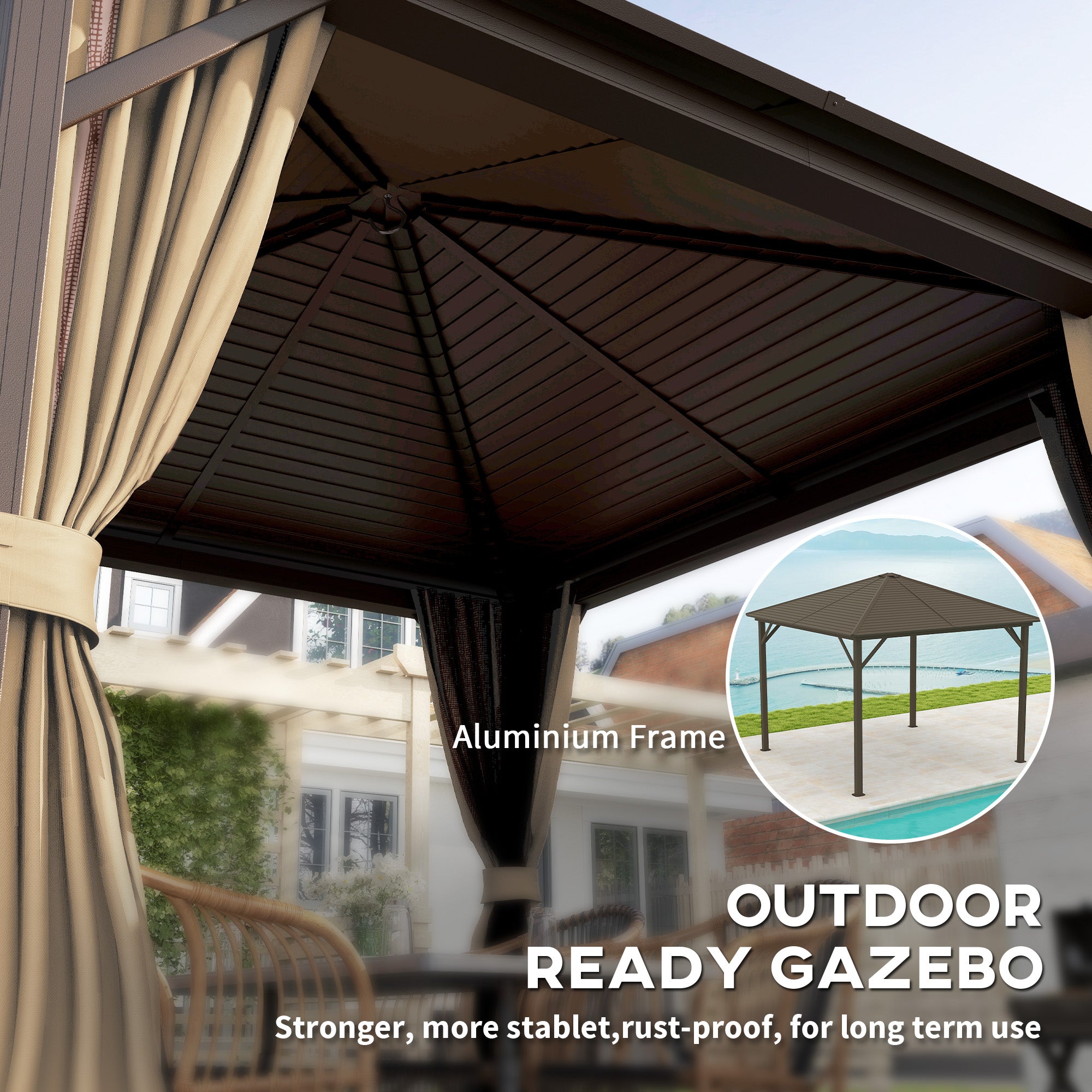 Outsunny 10' x 10' Hardtop Gazebo Outdoor Gazebo Canopy with Mosquito Netting, Curtains, Hanging Hook and Aluminum Frame, Brown