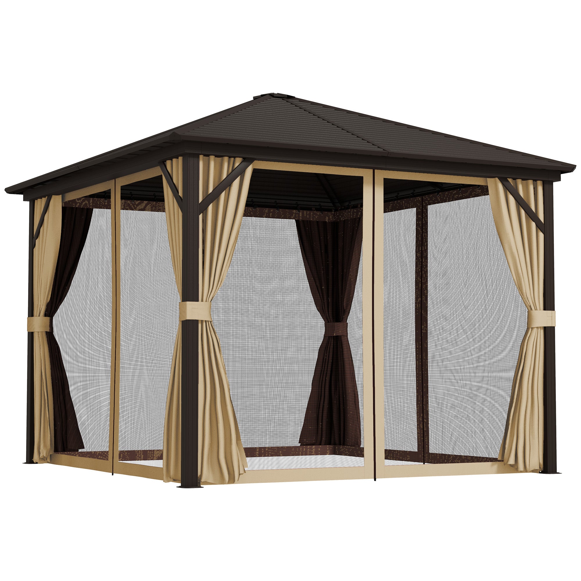 Outsunny 10' x 10' Hardtop Gazebo Outdoor Gazebo Canopy with Mosquito Netting, Curtains, Hanging Hook and Aluminum Frame, Brown