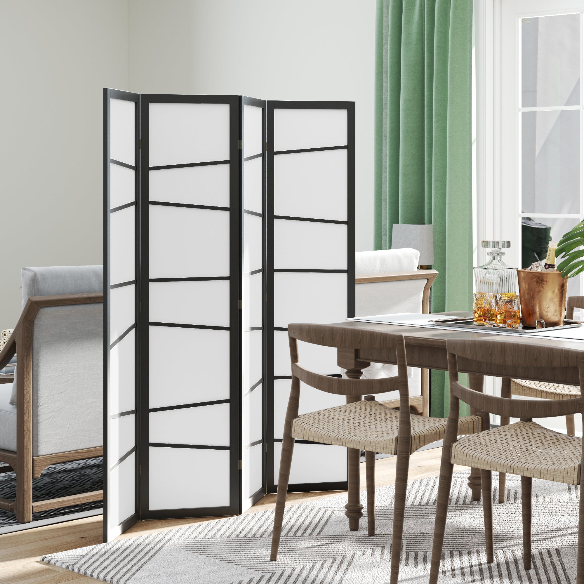 HOMCOM 4 Panel Wood Room Divider, 5.6ft Folding Privacy Screen, Freestanding Wall Partition Divider, White