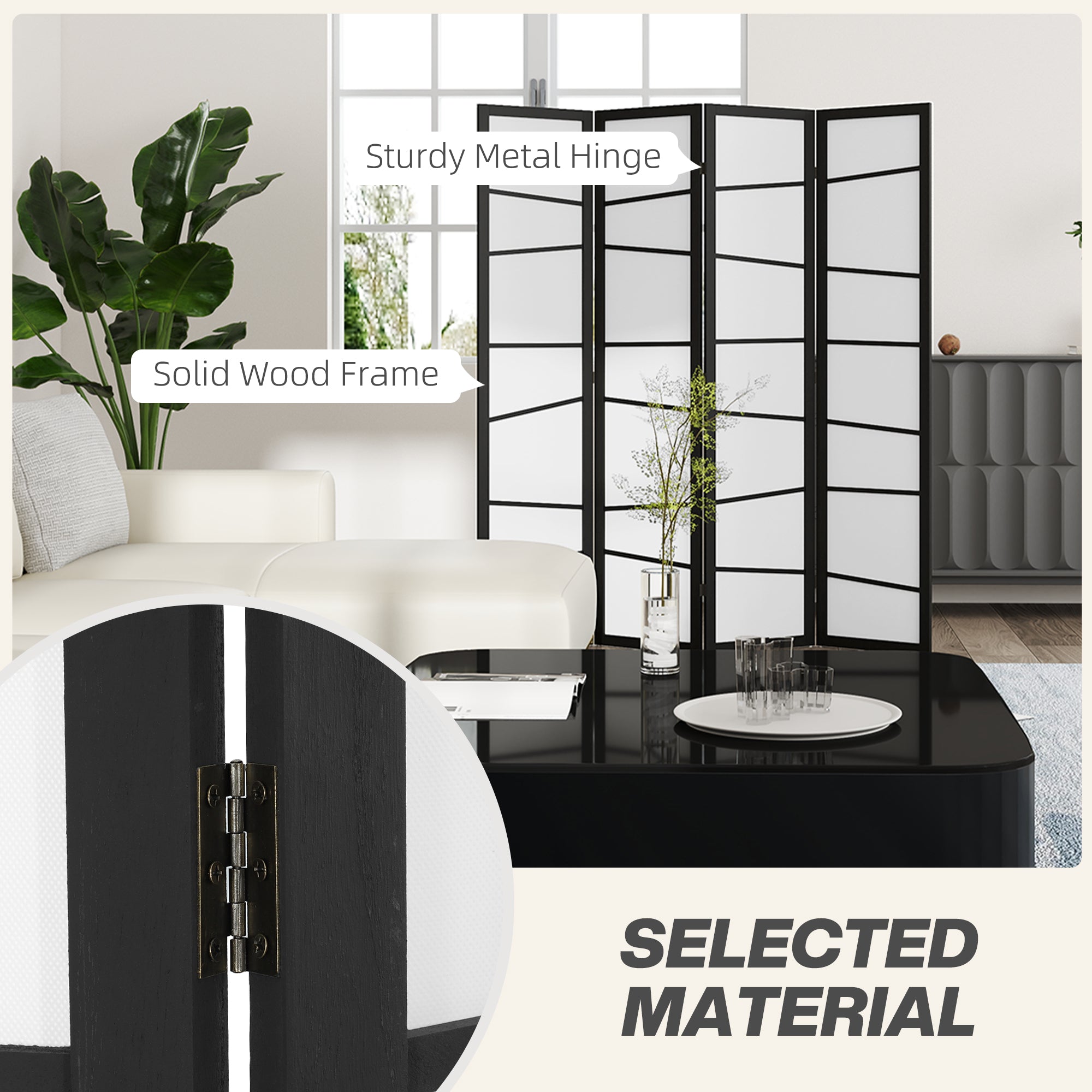 HOMCOM 4 Panel Wood Room Divider, 5.6ft Folding Privacy Screen, Freestanding Wall Partition Divider, White