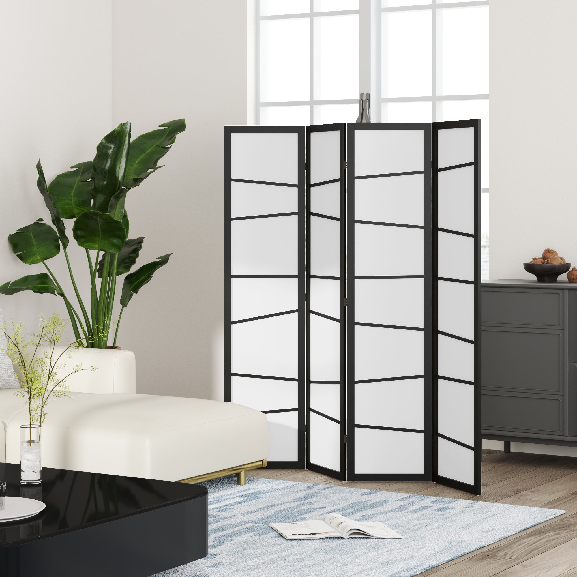HOMCOM 4 Panel Wood Room Divider, 5.6ft Folding Privacy Screen, Freestanding Wall Partition Divider, White