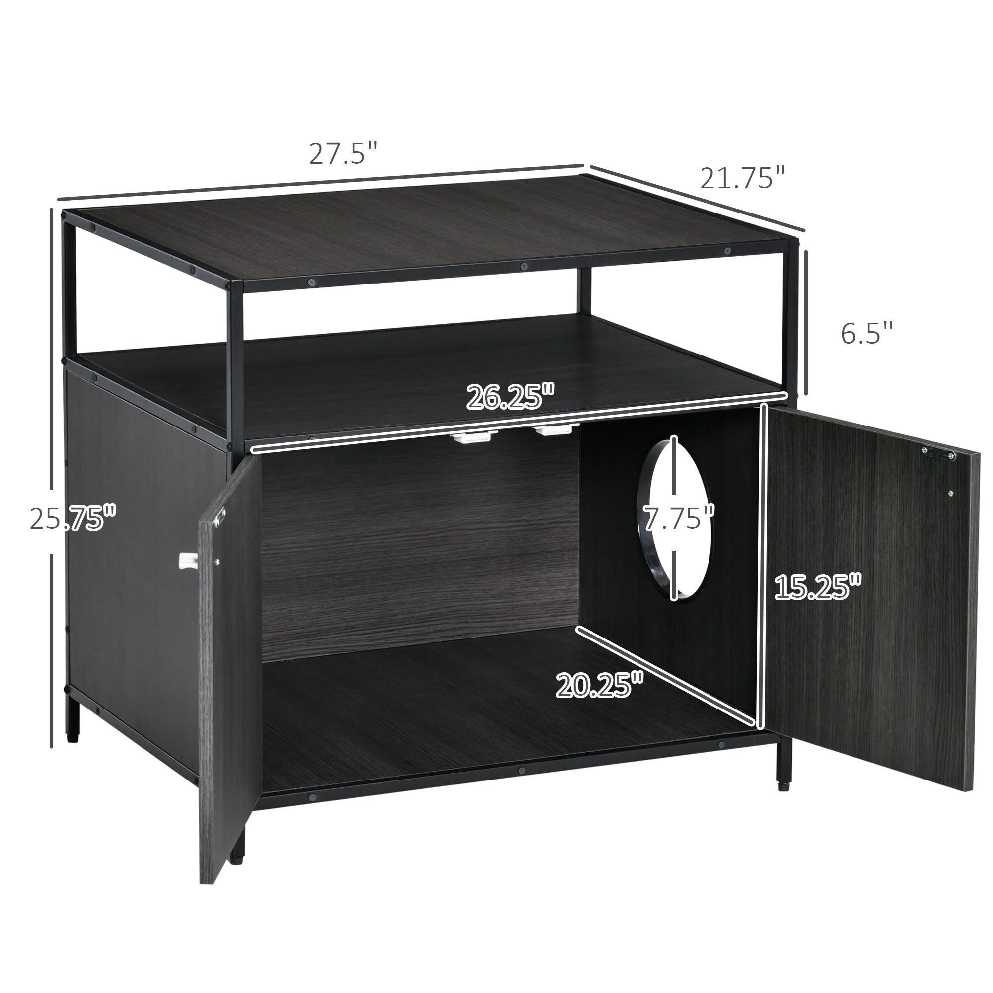 PawHut Cat Litter Box Enclosure Hidden Cat Furniture Cabinet Indoor Cat Washroom Double-door Nightstand End Table with Cat Hole Storage Shelf Black