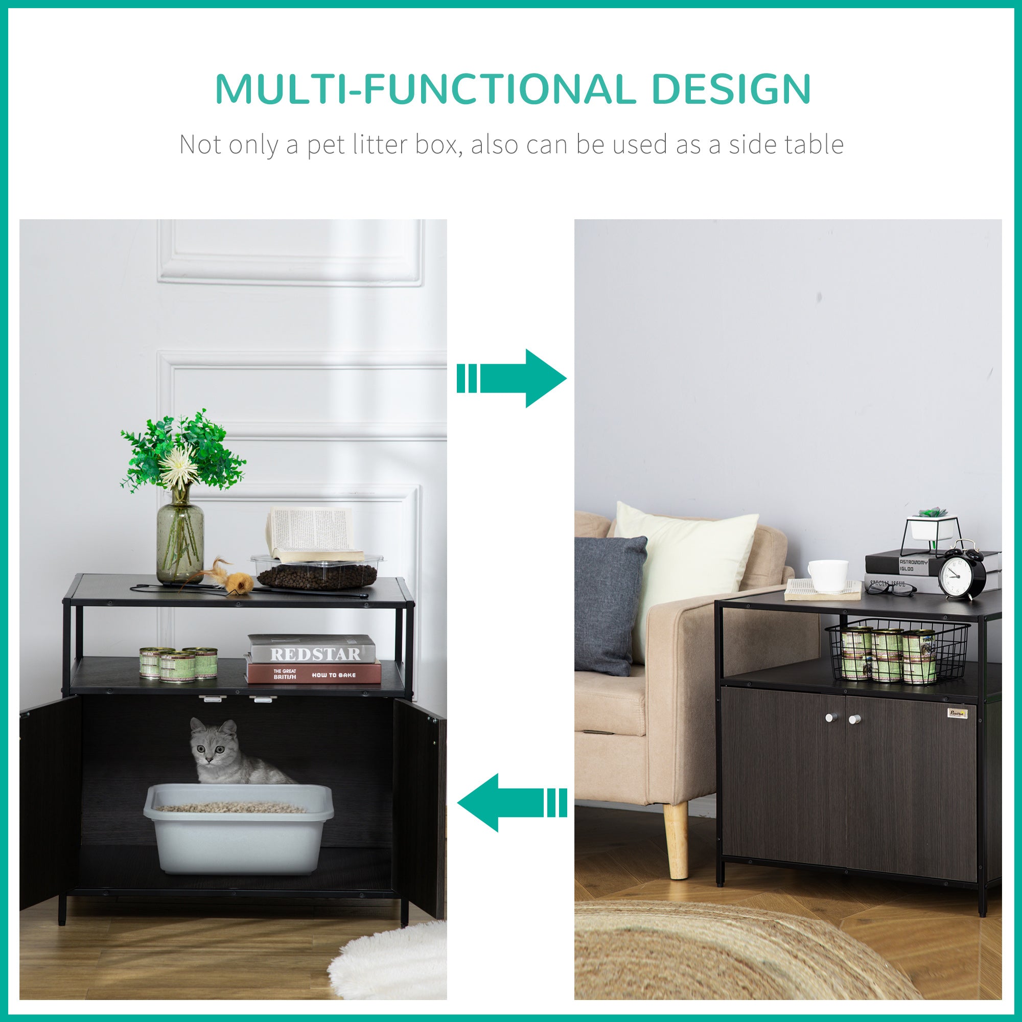 PawHut Cat Litter Box Enclosure Hidden Cat Furniture Cabinet Indoor Cat Washroom Double-door Nightstand End Table with Cat Hole Storage Shelf Black