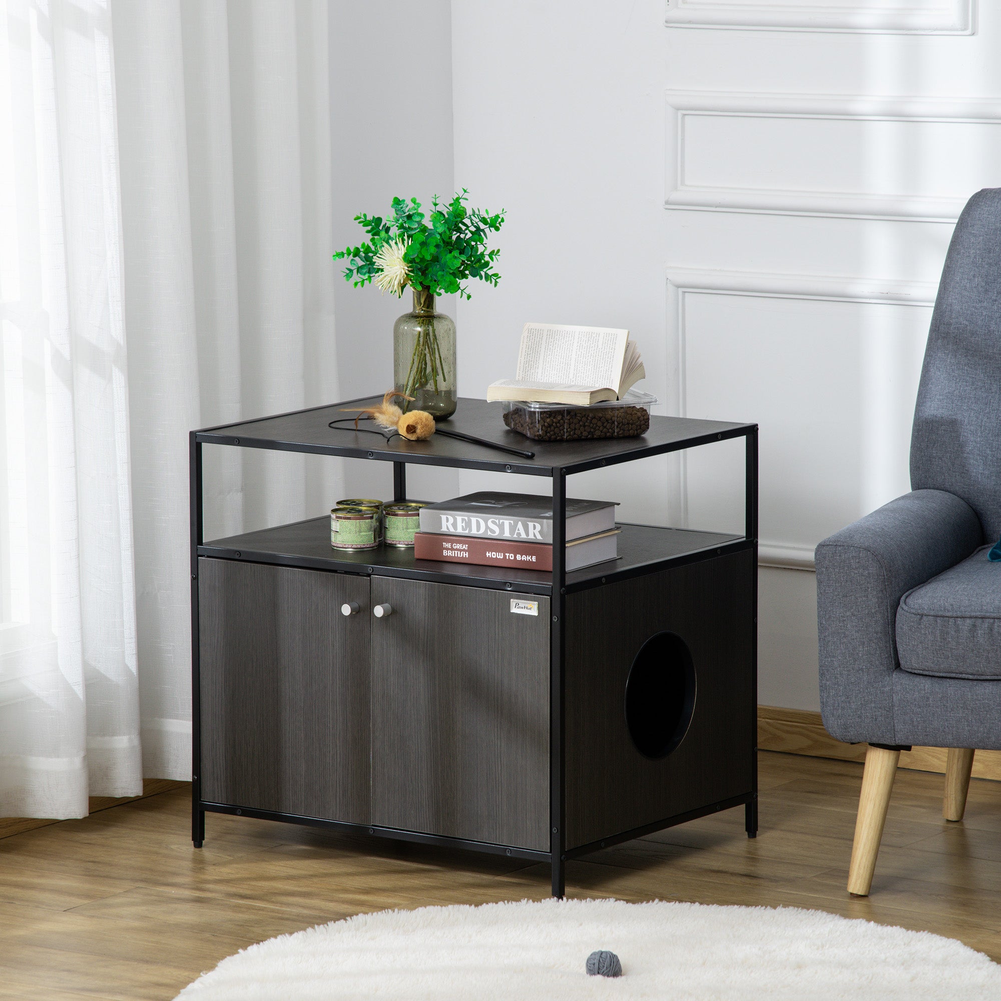 PawHut Cat Litter Box Enclosure Hidden Cat Furniture Cabinet Indoor Cat Washroom Double-door Nightstand End Table with Cat Hole Storage Shelf Black