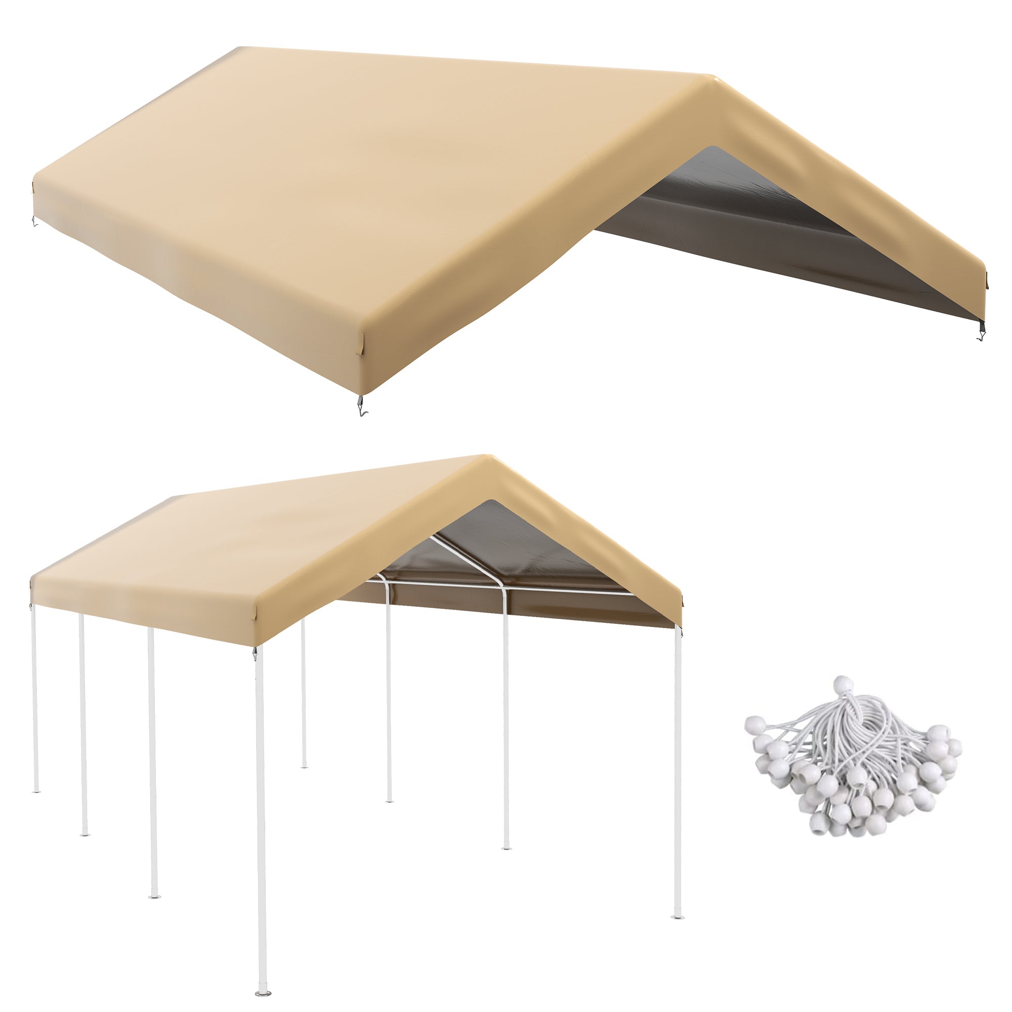 Outsunny 10 x 20 ft Carport Replacement Canopy Cover, UV Resistant Garage Car Cover with Ball Bungee Cords, Beige, (Only Cover)