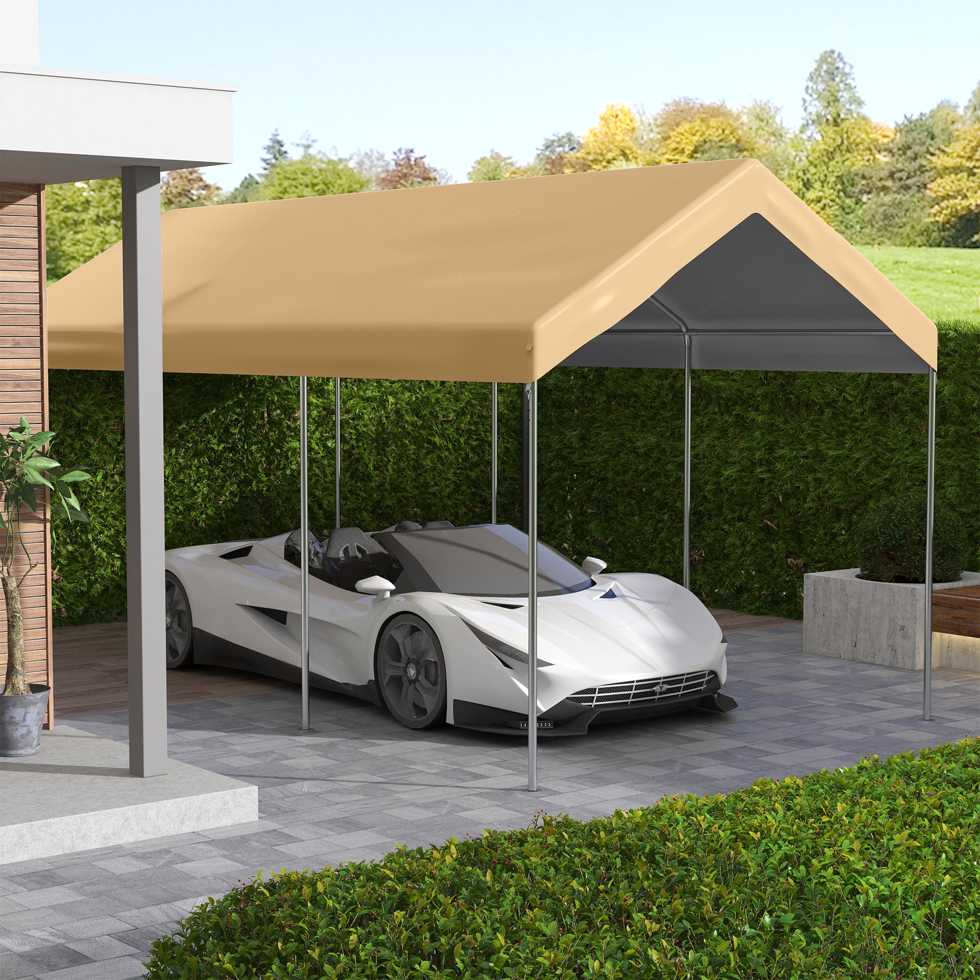 Outsunny 10 x 20 ft Carport Replacement Canopy Cover, UV Resistant Garage Car Cover with Ball Bungee Cords, Beige, (Only Cover)