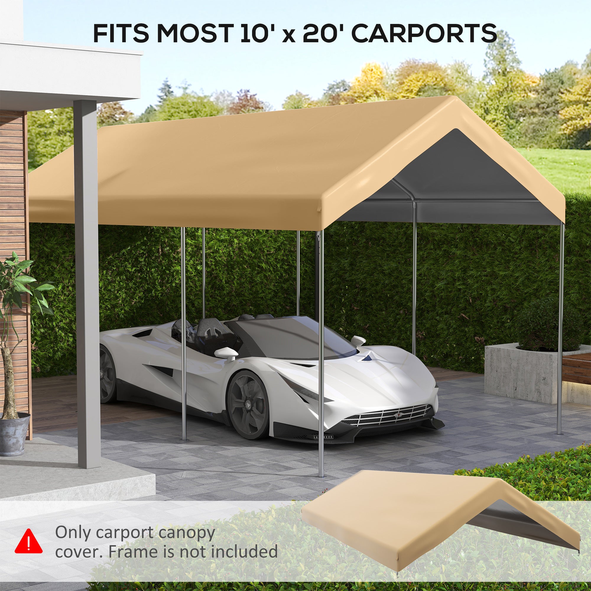 Outsunny 10 x 20 ft Carport Replacement Canopy Cover, UV Resistant Garage Car Cover with Ball Bungee Cords, Beige, (Only Cover)