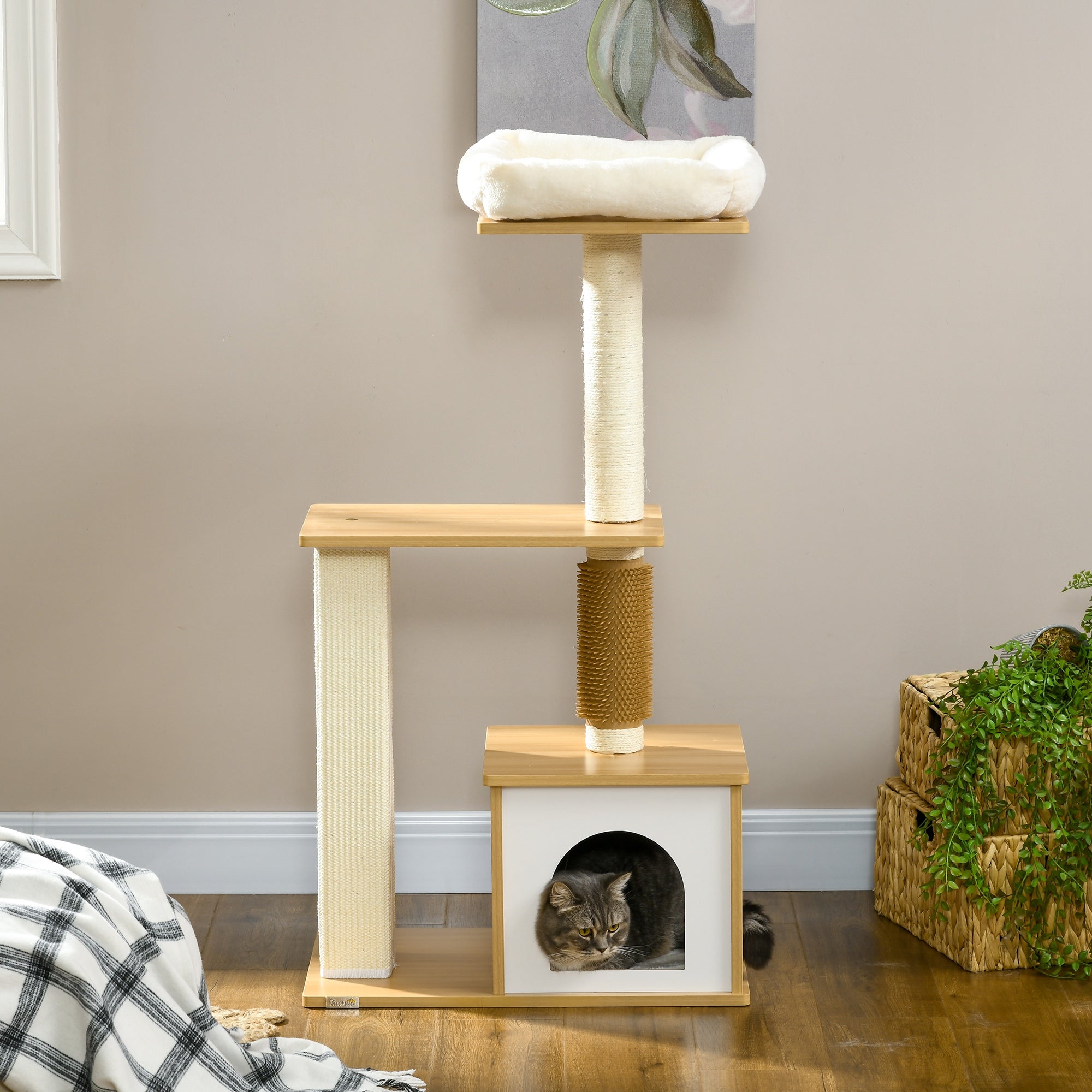 PawHut Cat tree with Scratching Posts, 114cm Cat Climbing Tower with Cat House, Cat Bed, Perches for Indoor Cats - Oak Tone