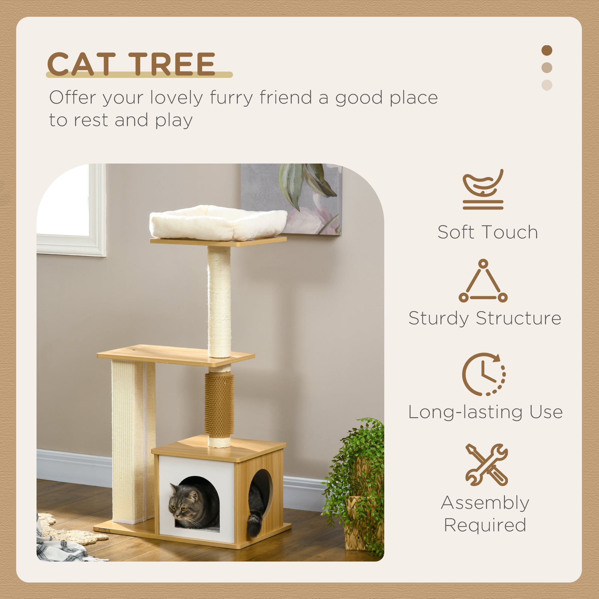 PawHut Cat tree with Scratching Posts, 114cm Cat Climbing Tower with Cat House, Cat Bed, Perches for Indoor Cats - Oak Tone
