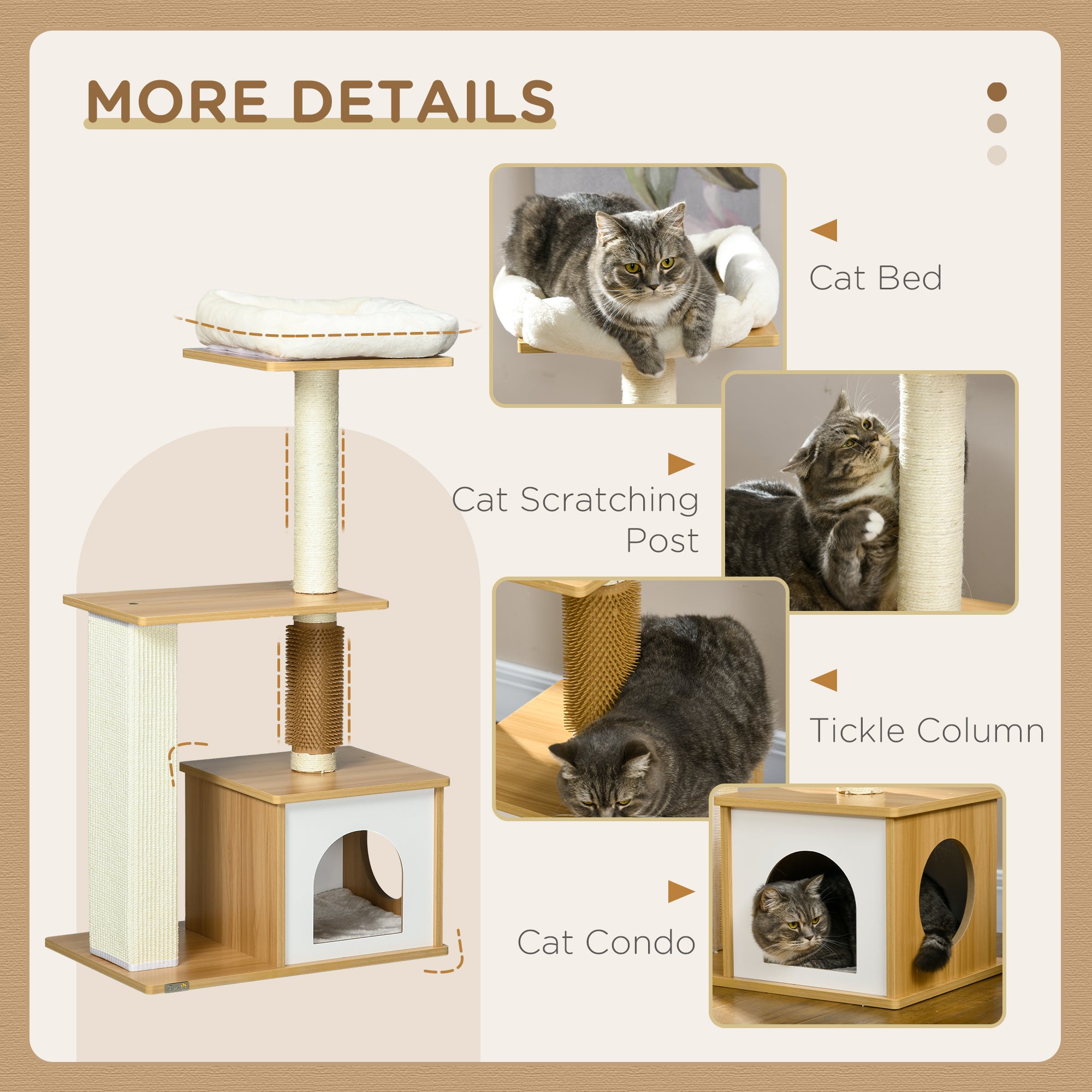PawHut Cat tree with Scratching Posts, 114cm Cat Climbing Tower with Cat House, Cat Bed, Perches for Indoor Cats - Oak Tone