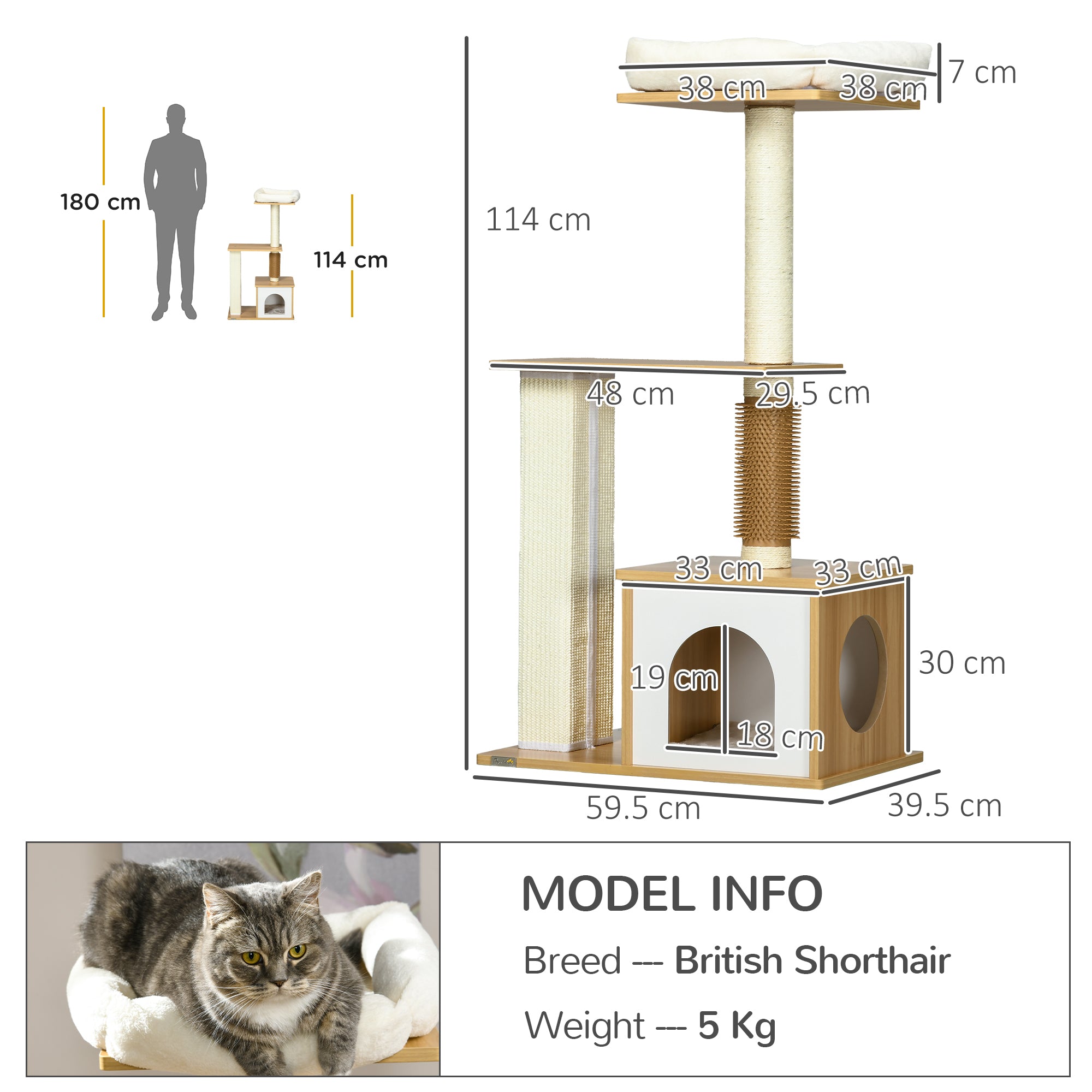 PawHut Cat tree with Scratching Posts, 114cm Cat Climbing Tower with Cat House, Cat Bed, Perches for Indoor Cats - Oak Tone