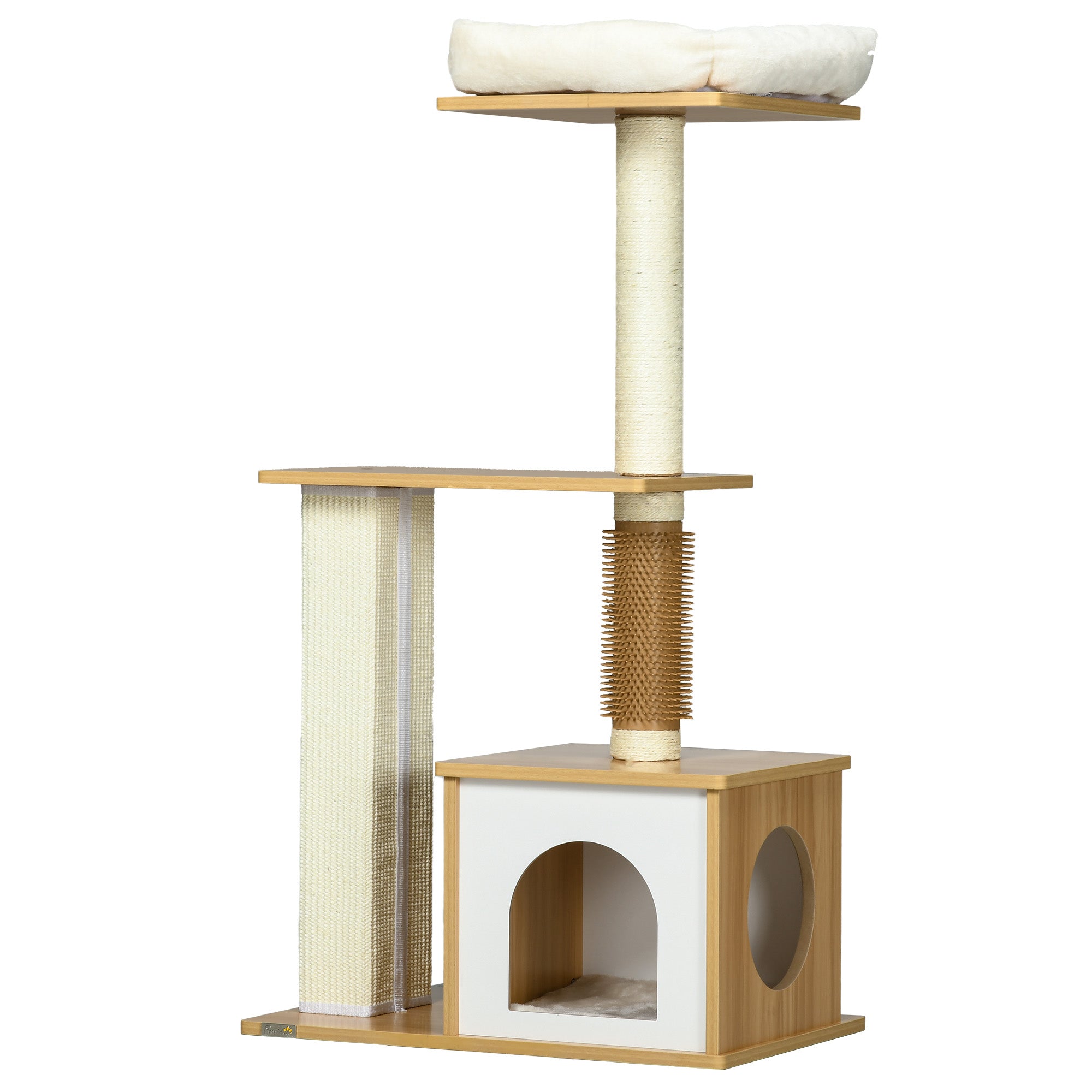 PawHut Cat tree with Scratching Posts, 114cm Cat Climbing Tower with Cat House, Cat Bed, Perches for Indoor Cats - Oak Tone