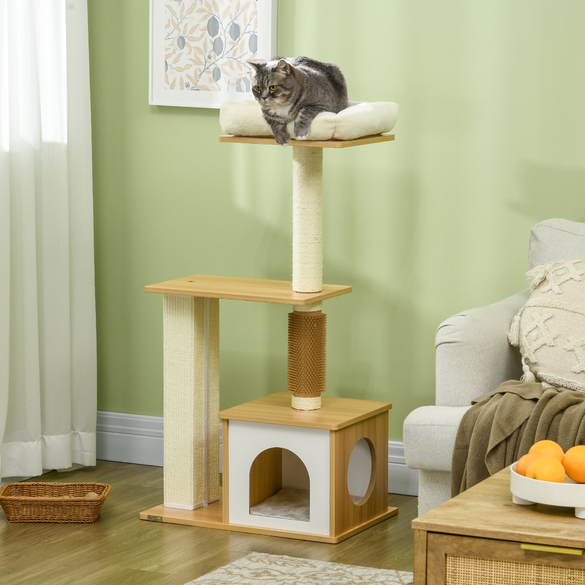 PawHut Cat tree with Scratching Posts, 114cm Cat Climbing Tower with Cat House, Cat Bed, Perches for Indoor Cats - Oak Tone