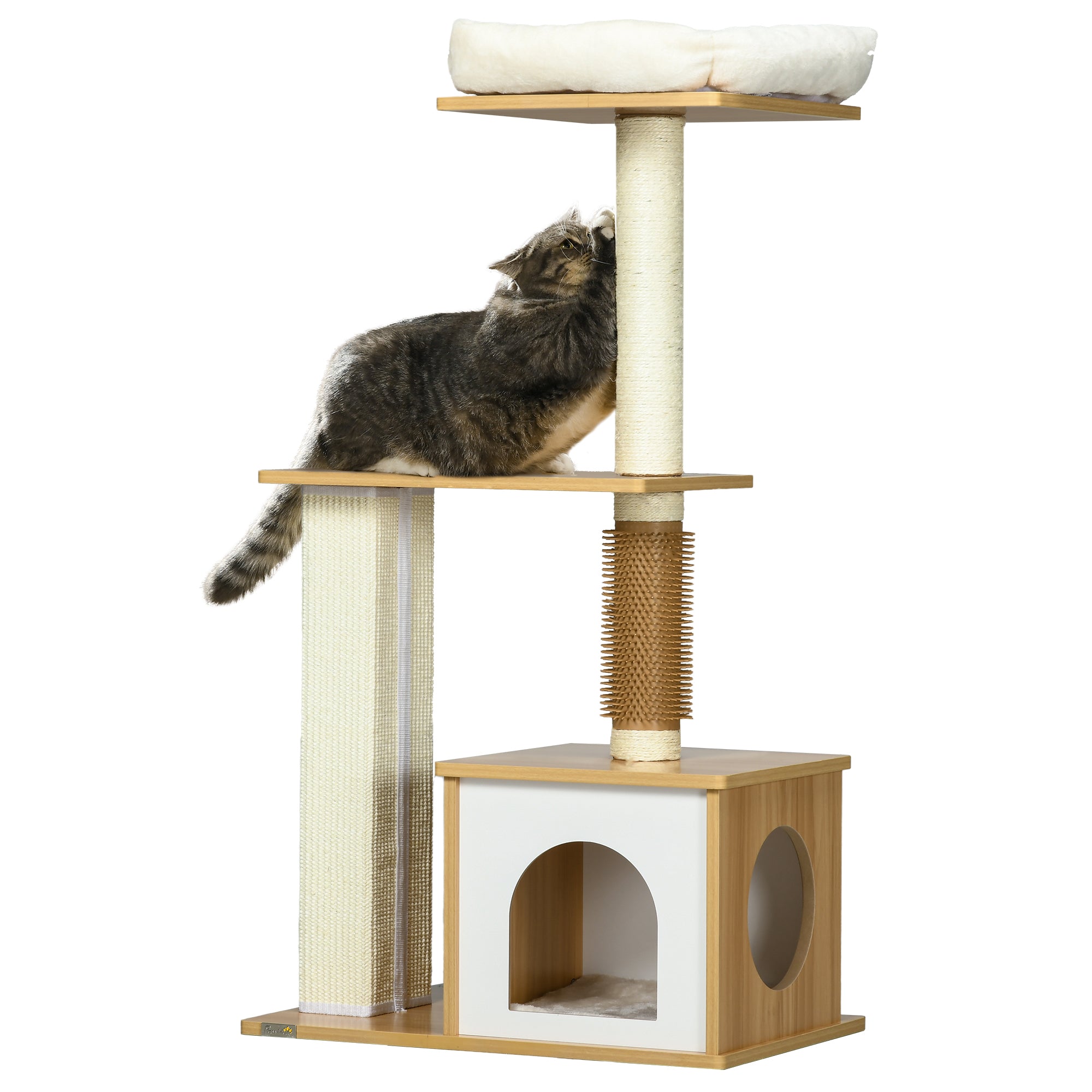PawHut Cat tree with Scratching Posts, 114cm Cat Climbing Tower with Cat House, Cat Bed, Perches for Indoor Cats - Oak Tone
