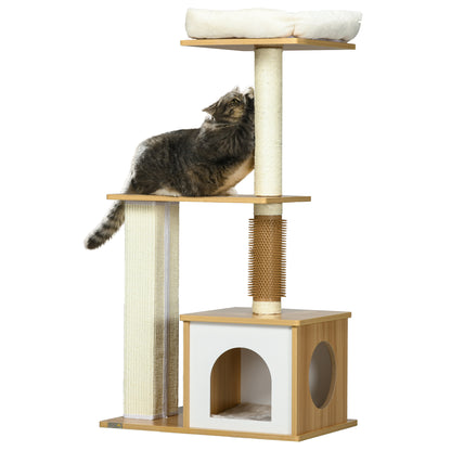 PawHut Cat tree with Scratching Posts, 114cm Cat Climbing Tower with Cat House, Cat Bed, Perches for Indoor Cats - Oak Tone